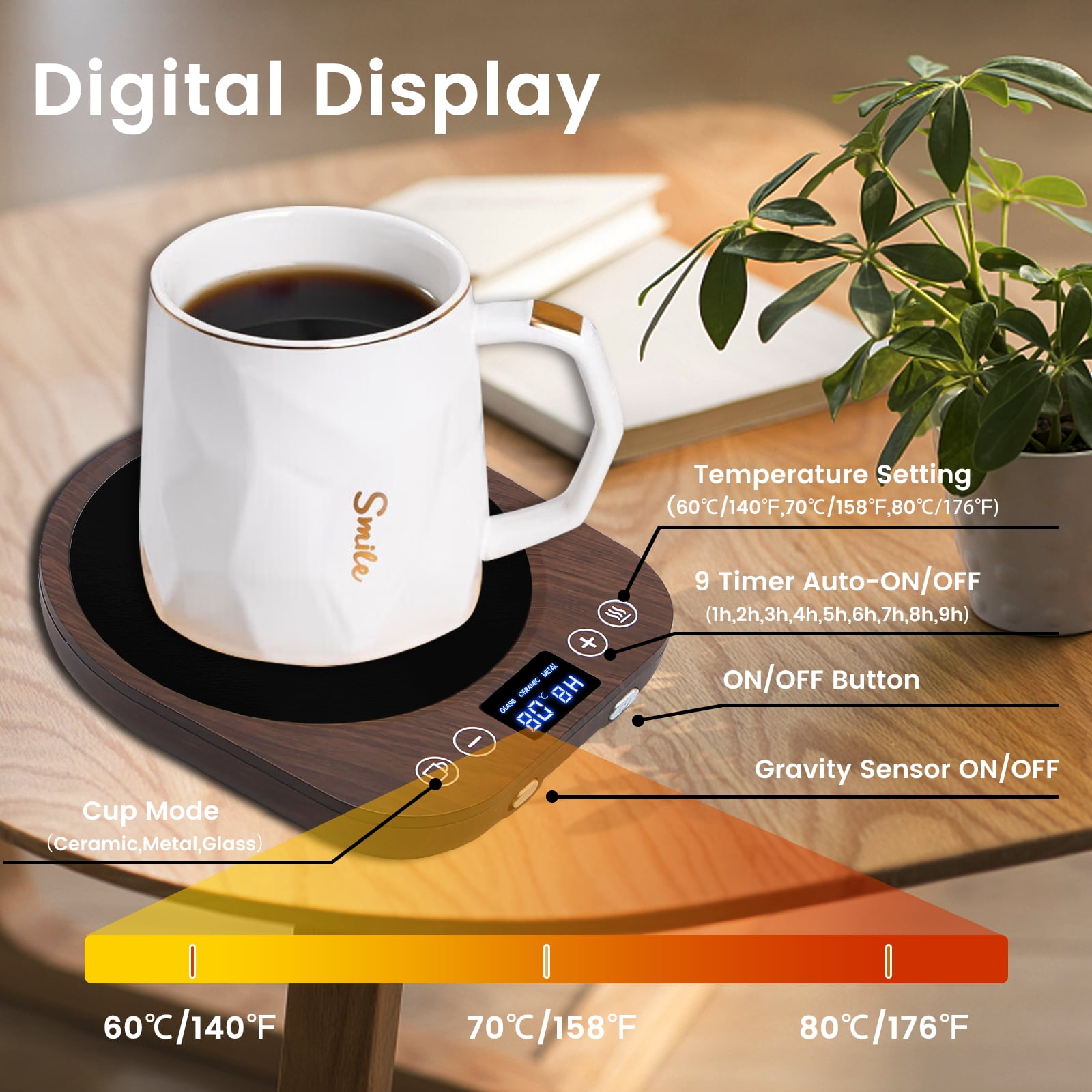 MQ Wooden Mug Warmer Electric, 3 Temperature Settings Gravity-Induction Coffee Warmer for Desk, Coffee Cup Warmer 1-9 Timer Auto Shut Off for Home & Office Cocoa,Tea, Water, Milk