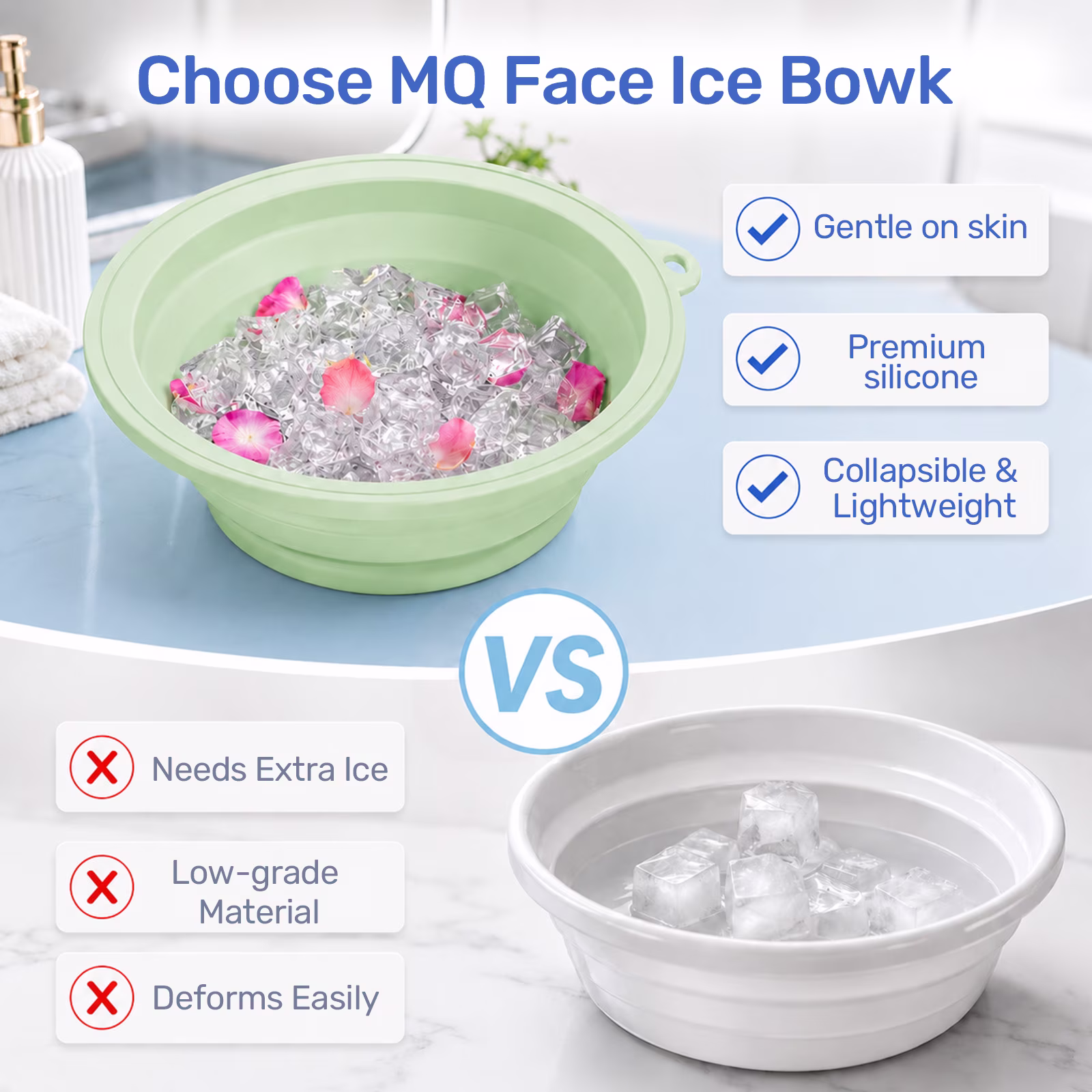 MQ Silicone Face Bowl for Ice with Built-In Icetray, Collapsible Ice Bowl for Face Bath at Home