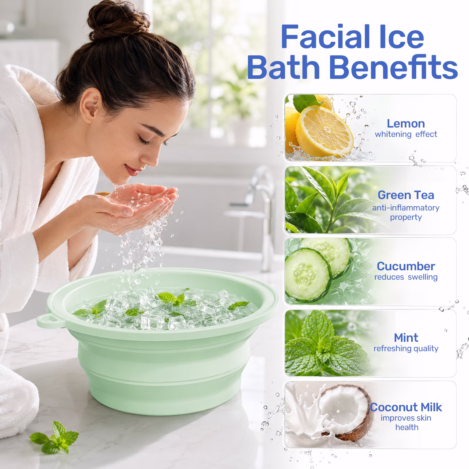 MQ Silicone Face Bowl for Ice with Built-In Icetray, Collapsible Ice Bowl for Face Bath at Home