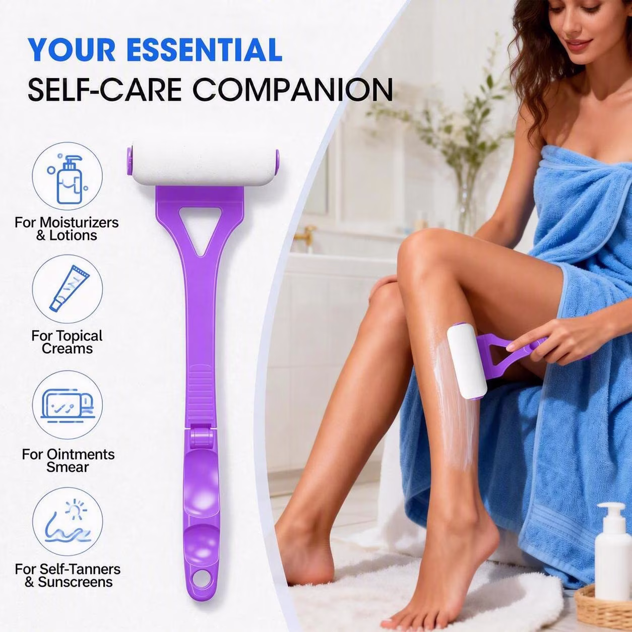 MQ Lotion Applicator for Back Body, Back Lotion Applicator Long Reach Folding Handle, Sunscreen Application Roller Wands for Back Self Elderly, Seniors, Women and Men, Purple