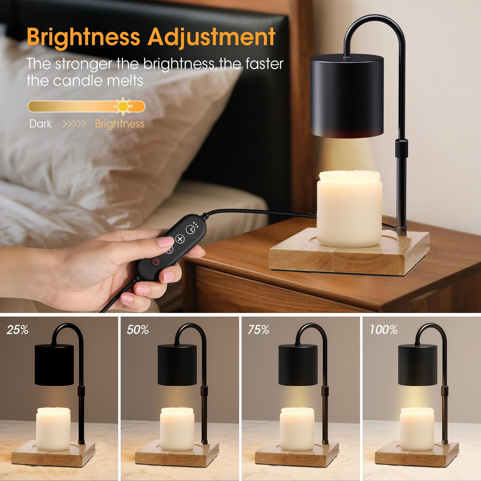 MQ Candle Warmer Lamp, Electric Candle Warmer Lamp with 2H/4H/8H Timer Dimming Height Adjustable Safety Night Lamp, Home Scented Jar Candles Decor Gifts (2 Bulbs, Black)