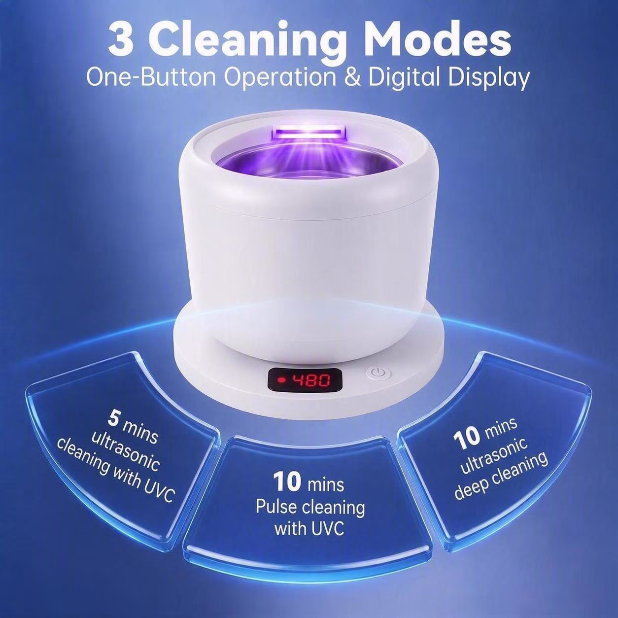 MQ Ultrasonic Retainer Cleaner, 48kHz 200ML, ABS & Stainless Steel, White, 3 Modes Removable Base for Adult Aligners, Braces, Mouth Guards & Jewelry