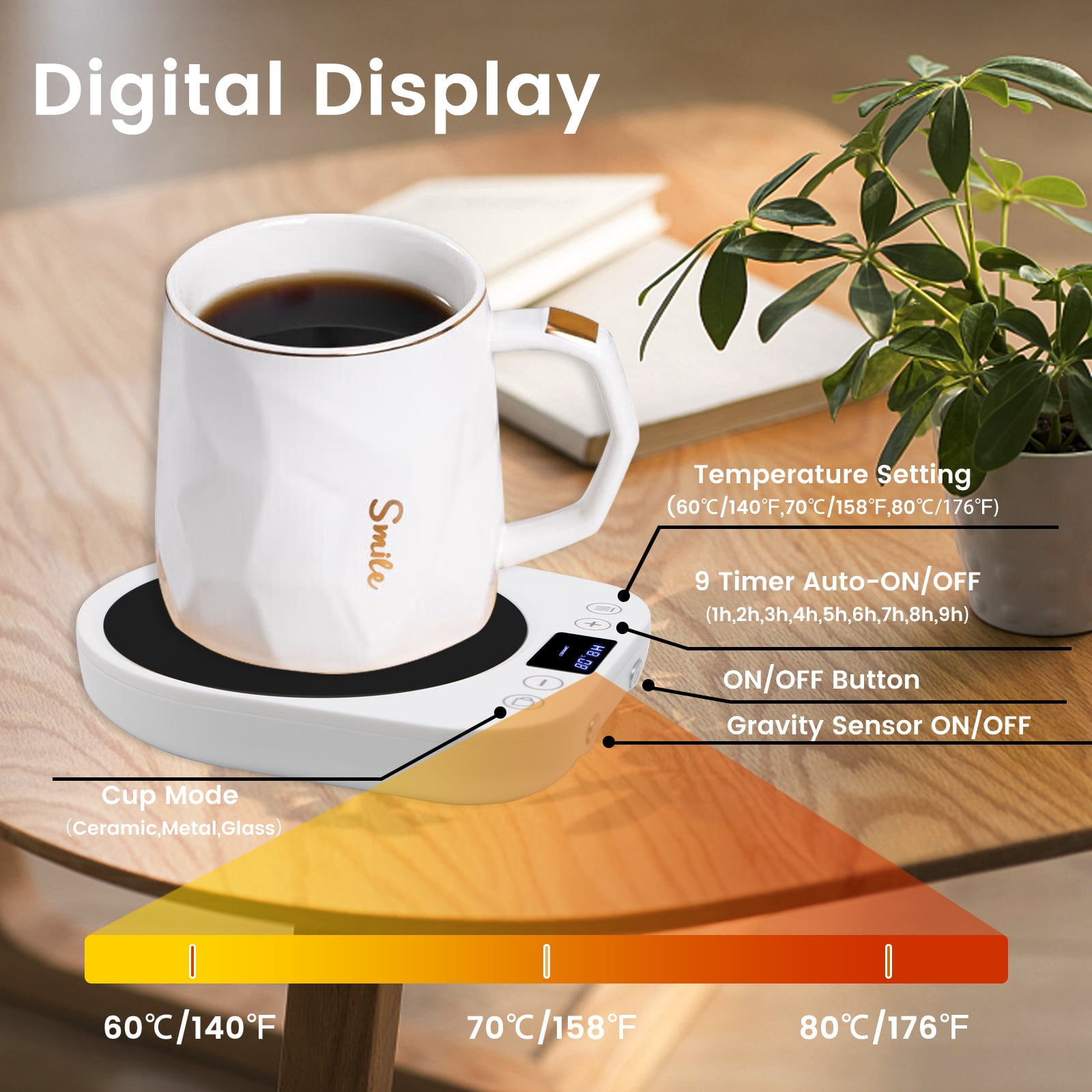 MQ Mug Warmer Electric, 3 Temperature Settings Gravity-Induction Coffee Warmer,1-9 Timer Auto Shut off