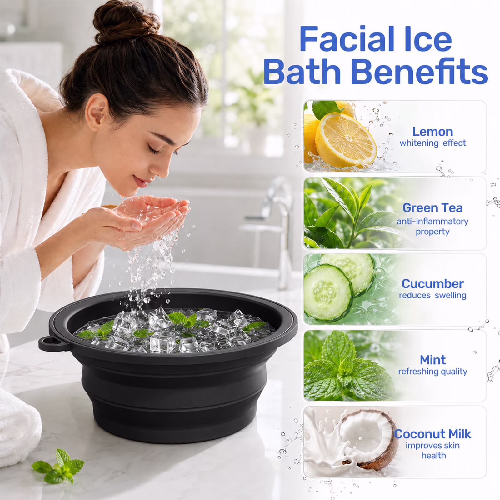MQ Silicone Face Bowl for Ice with Built-In Icetray, Collapsible Ice Bowl for Face Bath at Home