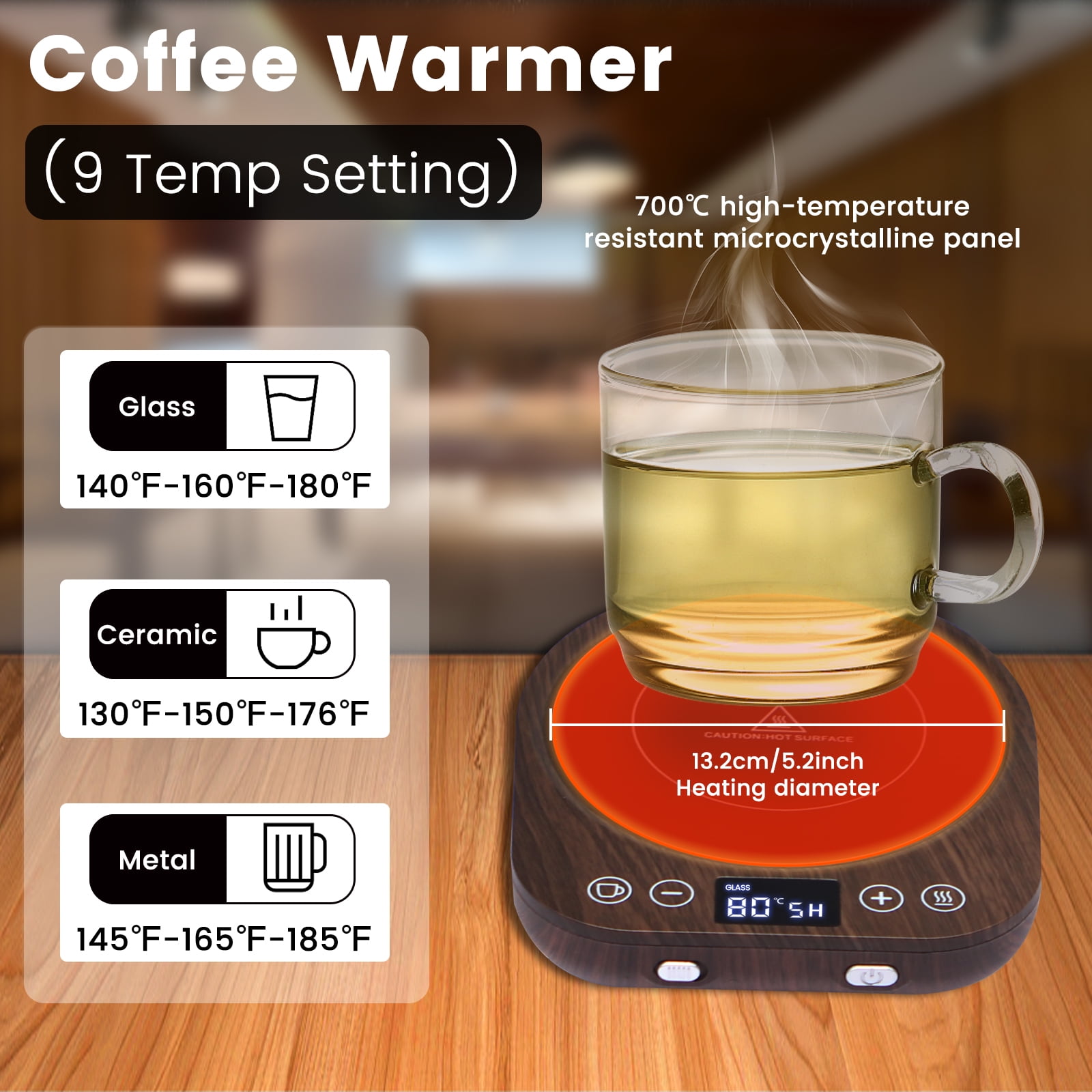 MQ Wooden Mug Warmer Electric, 3 Temperature Settings Gravity-Induction Coffee Warmer for Desk, Coffee Cup Warmer 1-9 Timer Auto Shut Off for Home & Office Cocoa,Tea, Water, Milk