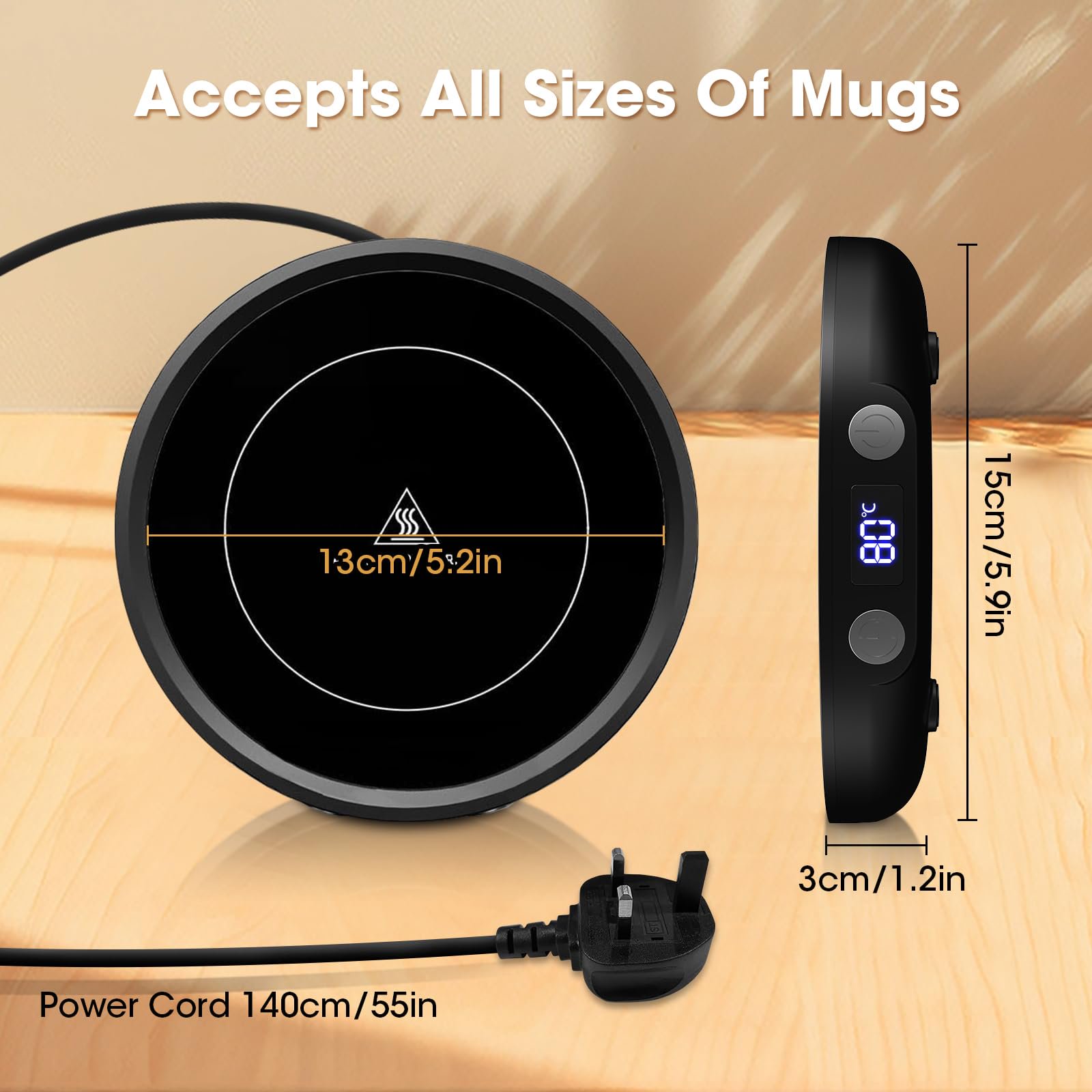 Black Cup Warmer - 3 Temperature Levels, 2-12H Timer, 4 Hours Automatic Shut-Off, Candle Warmer Plate