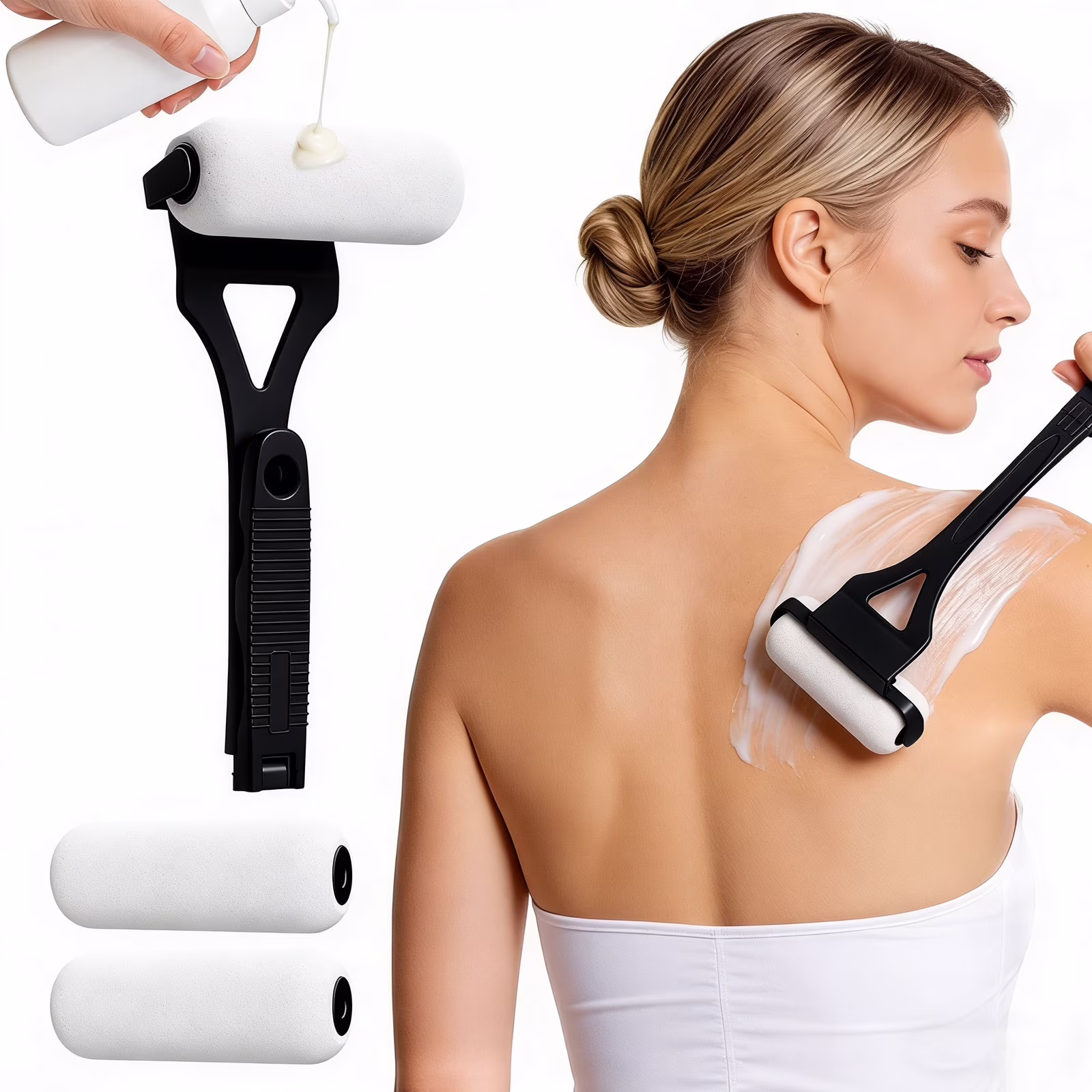 Back Lotion Applicator Long Handle, Foldable Lotion Applicator for Back Self Elderly Young, Lotion Applicator for Back Apply Lotion, Moisturizer, Cream, Ointment, Self Tanner, Black