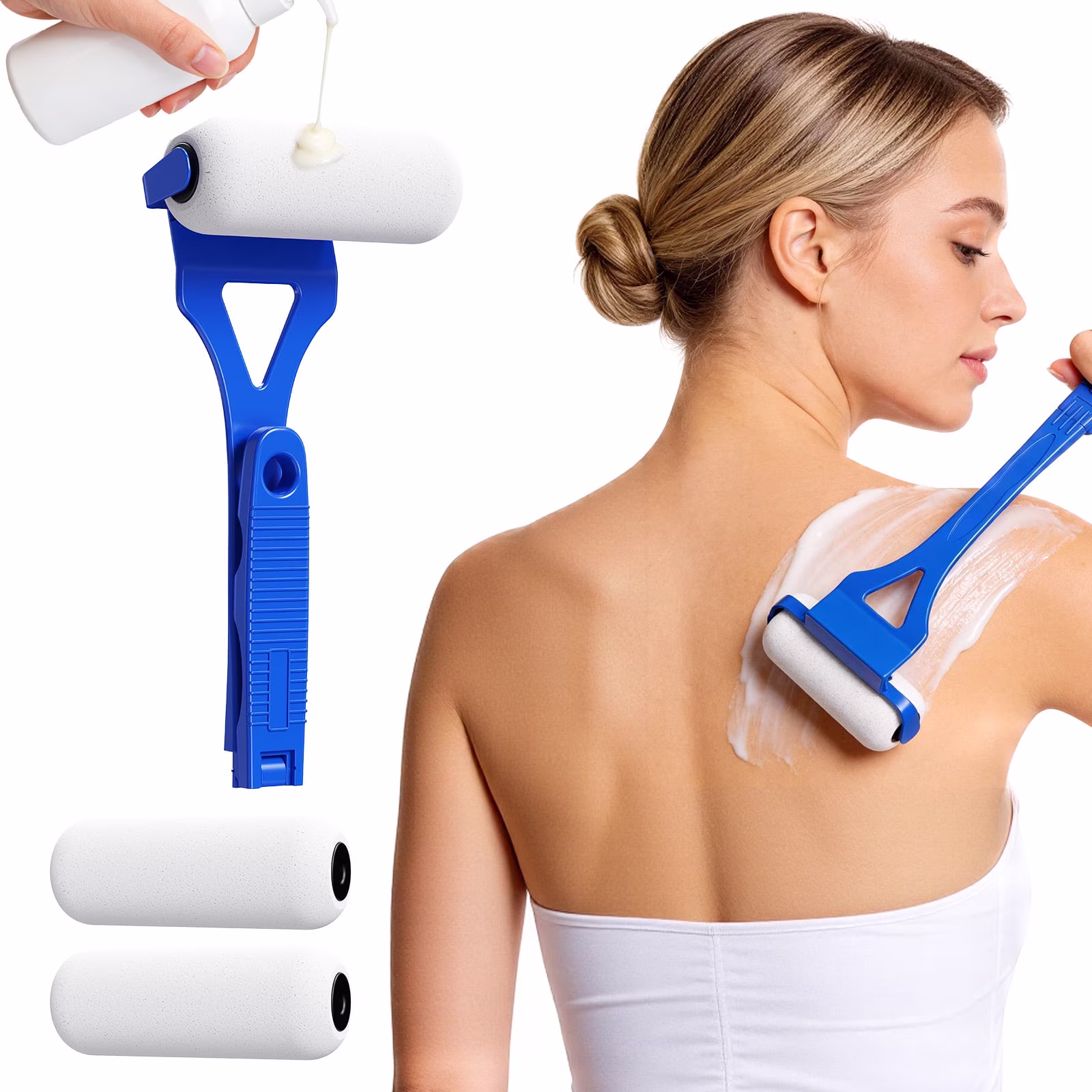 Lotion Applicator for Back Body, Back Lotion Applicator Long Reach Folding Handle, Sunscreen Application Roller Wands for Back Self Elderly, Seniors, Women and Men, Blue