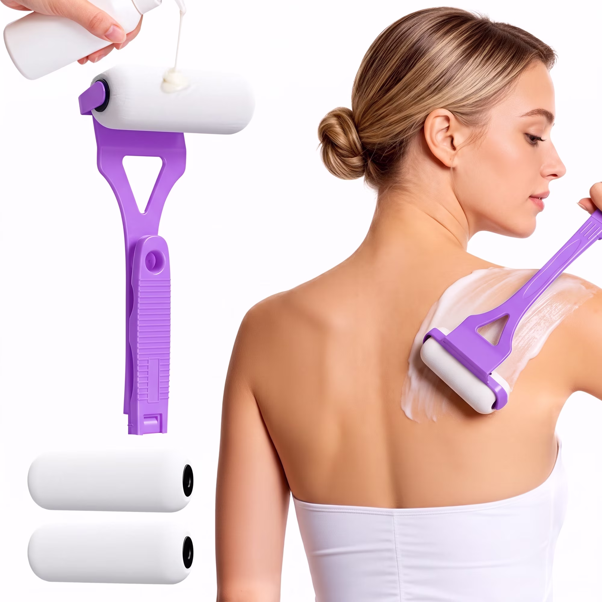 MQ Lotion Applicator for Back Body, Back Lotion Applicator Long Reach Folding Handle, Sunscreen Application Roller Wands for Back Self Elderly, Seniors, Women and Men, Purple