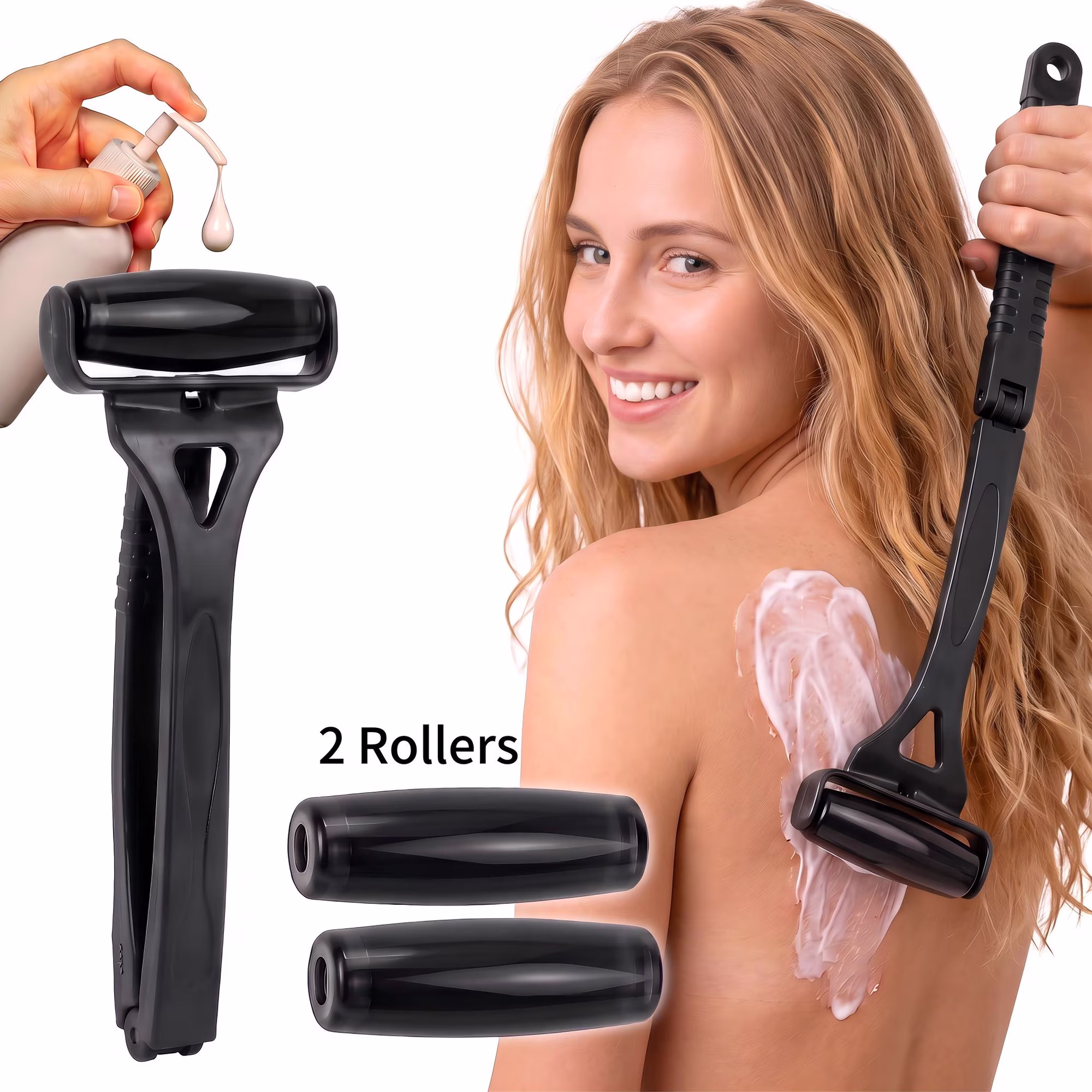 Black Foldable Long Reach Lotion Applicator for Back & Body, Reusable Roller Wand for Sunscreen, Moisturizer & Self-Tanner