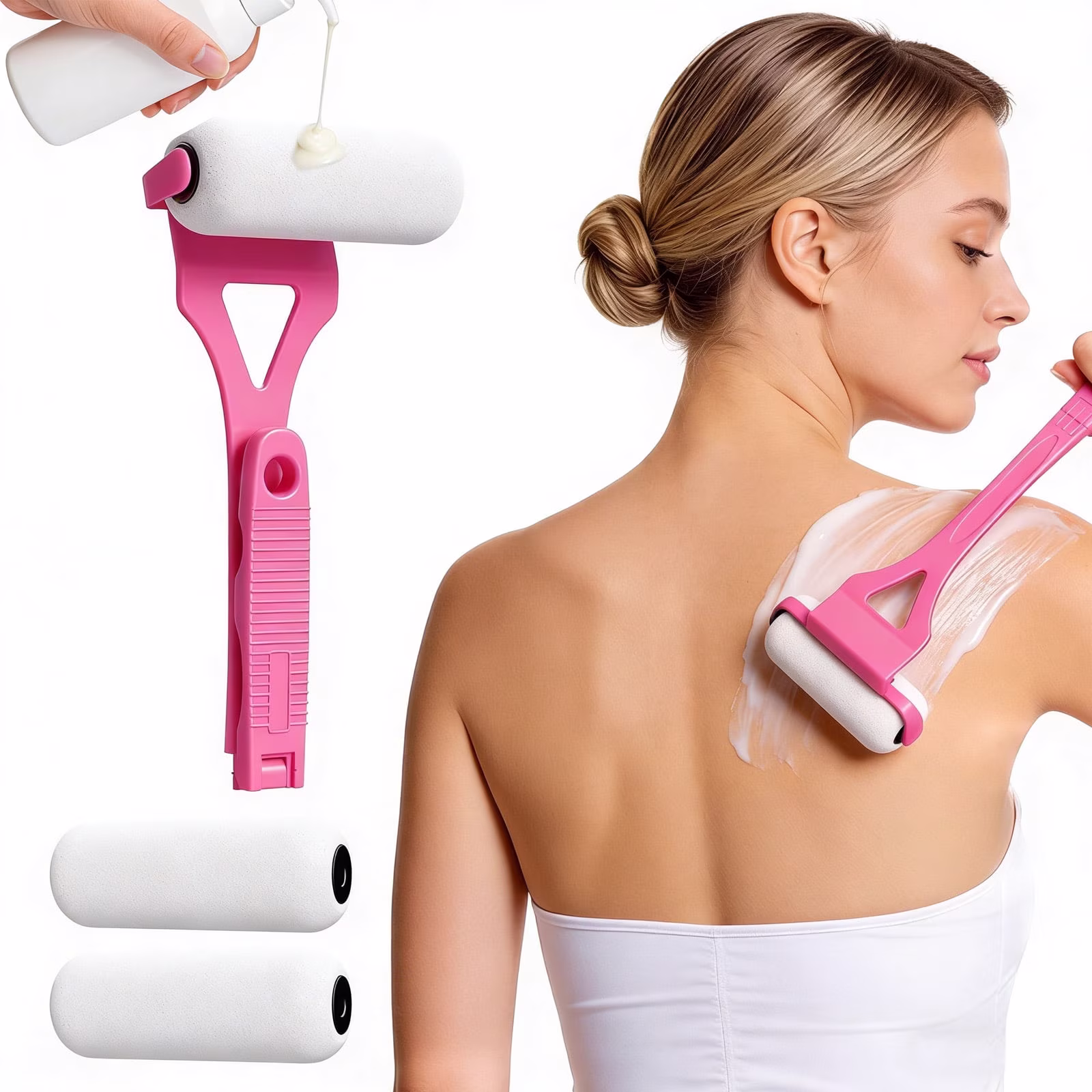 Lotion Applicator for Back Foldable, 17.5" Back Lotion Applicator Wands for Elderly/Seniors with Limited Mobility, Lotion Stick & Sunscreen Applicator for Skin Cream, Oils & More, Pink