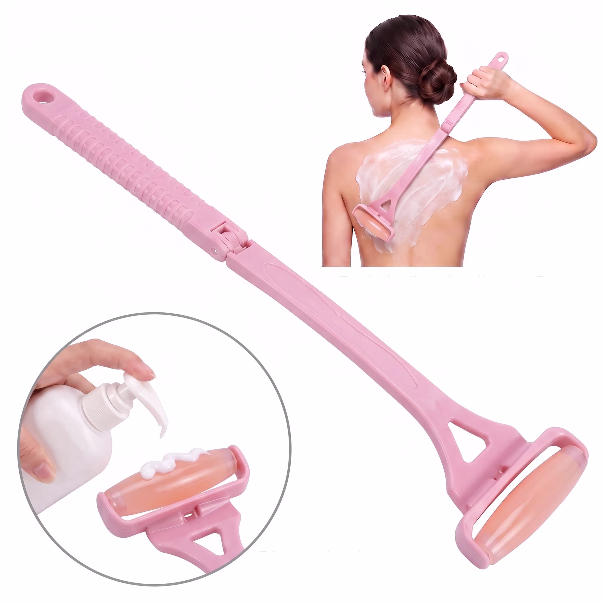 MQ Lotion Applicator for Back Body, Resin Back Lotion Applicator Long Reach Folding Handle, Sunscreen Application Roller Wands for Back Self Elderly, Seniors, Women and Men,Pink