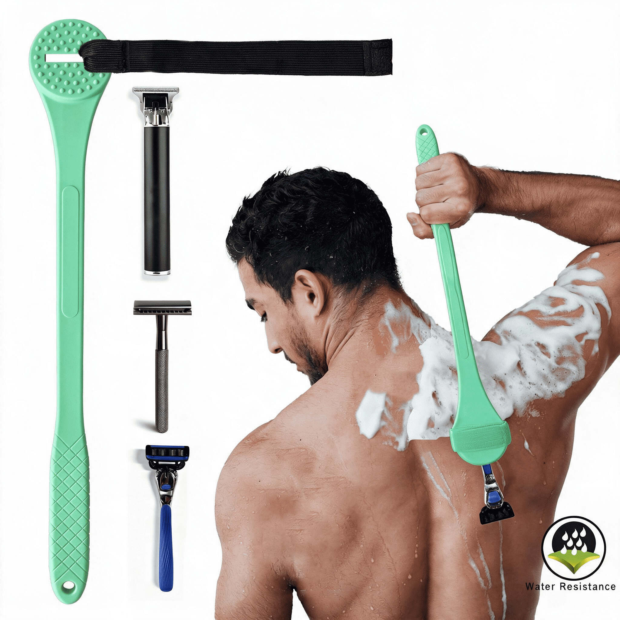 MQ 18" Bendable Back Shaving Extension Handle, 2 Elastic Straps Multi‑Purpose Long Reach Razor Holder for Back Leg Shaving, Lotion & Body Brushing