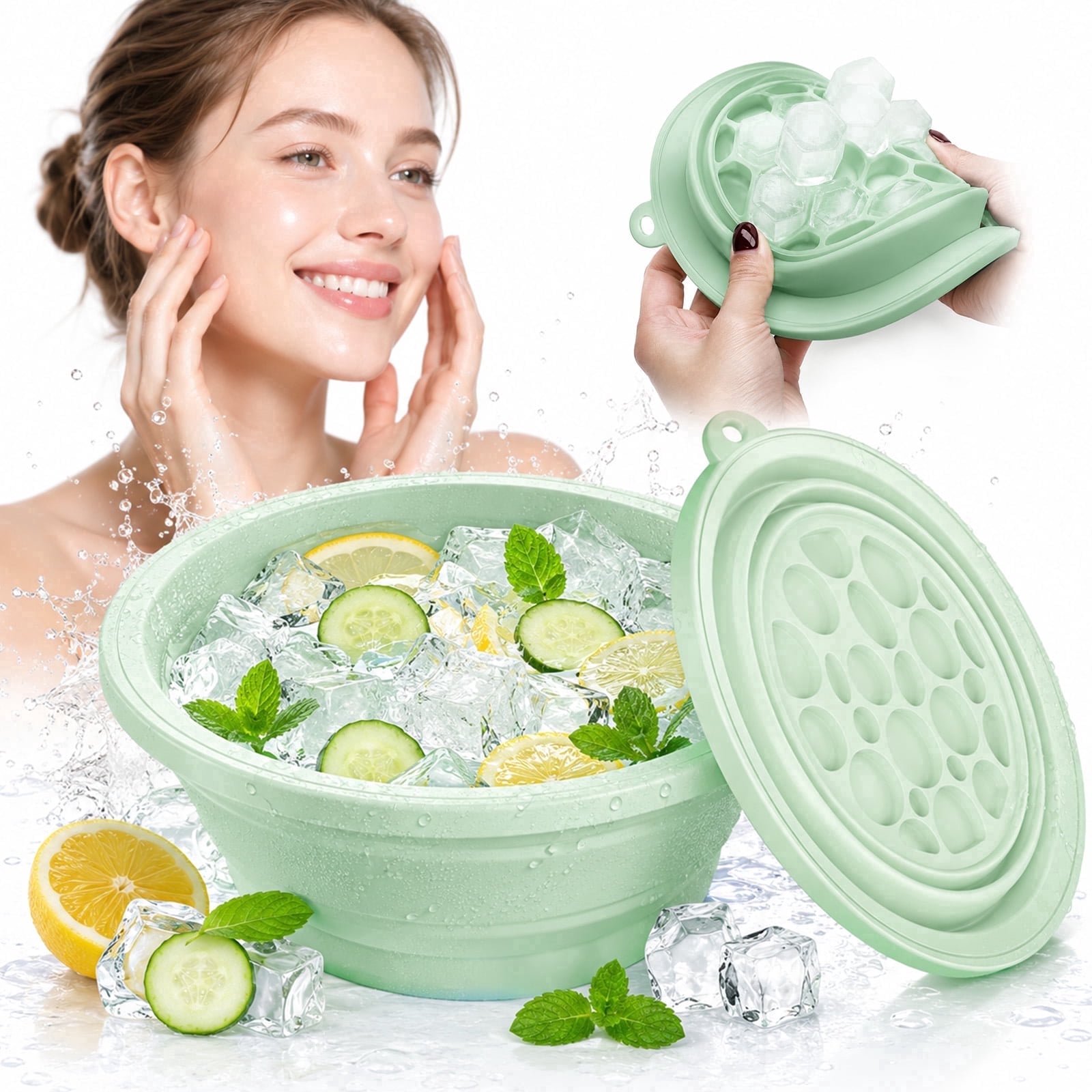 MQ Silicone Face Bowl for Ice with Built-In Icetray, Collapsible Ice Bowl for Face Bath at Home