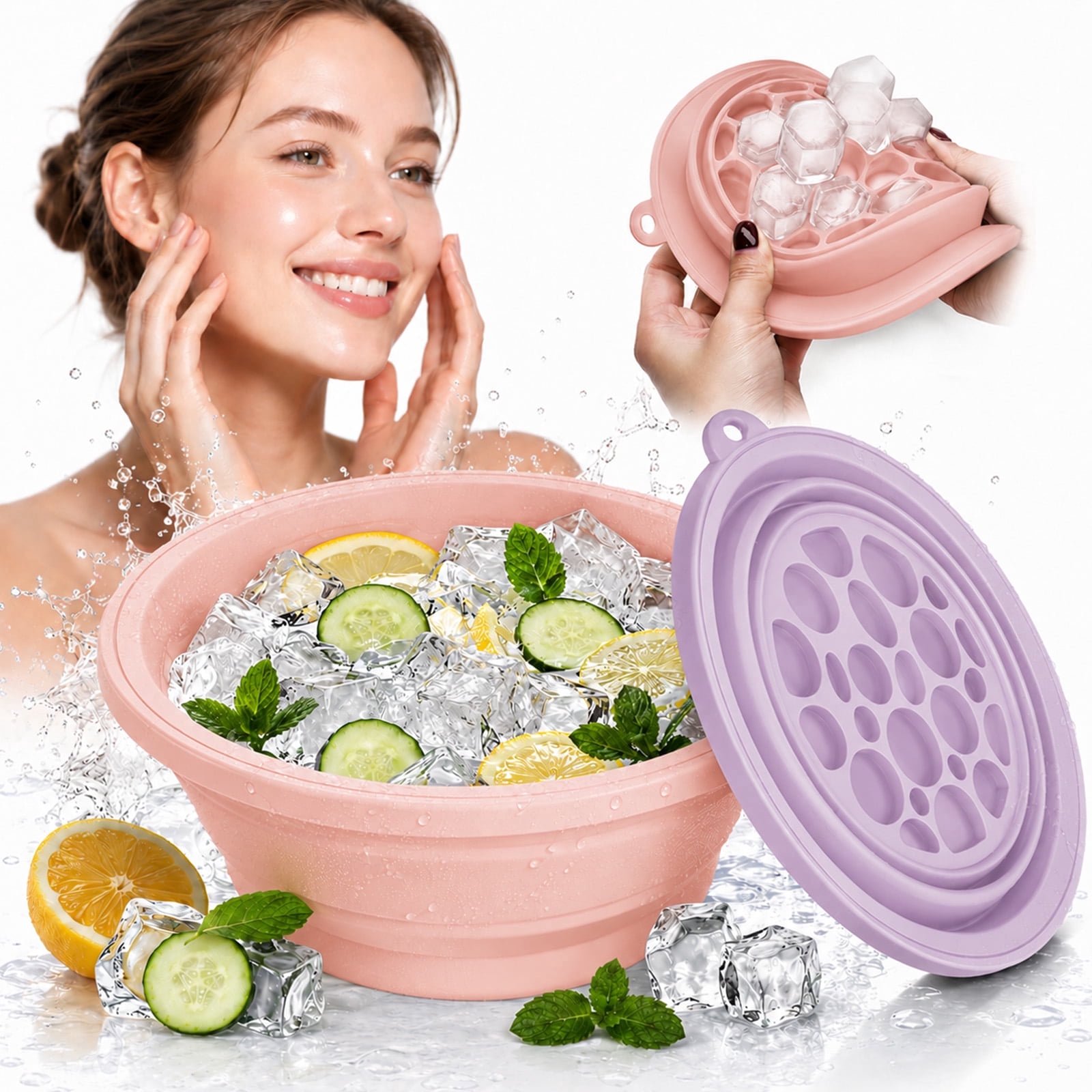 MQ 2Pack Silicone Face Bowl for Ice with Built-In Icetray, Collapsible Ice Bowl for Face Bath at Home