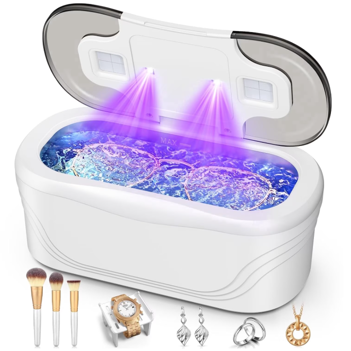 MQ Ultrasonic Jewelry Cleaner, 48KHz 400ML, UV Light & LED Display, 3 Cleaning Modes for Jewelry, Eyeglasses, Dentures, White