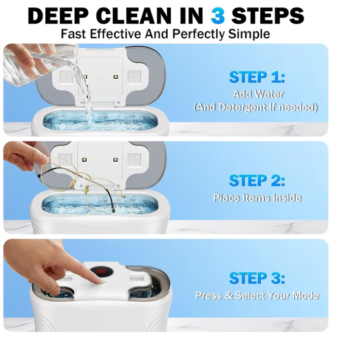 MQ Ultrasonic Jewelry Cleaner, 48KHz 400ML, UV Light & LED Display, 3 Cleaning Modes for Jewelry, Eyeglasses, Dentures, White