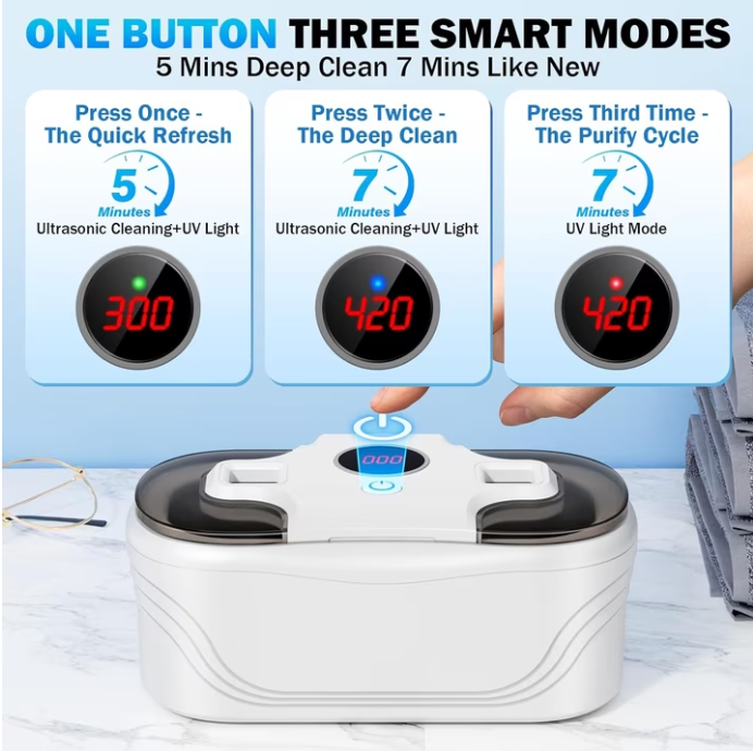 MQ Ultrasonic Jewelry Cleaner, 48KHz 400ML, UV Light & LED Display, 3 Cleaning Modes for Jewelry, Eyeglasses, Dentures, White