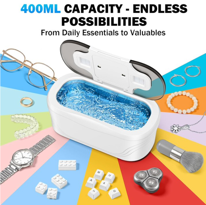 MQ Ultrasonic Jewelry Cleaner, 48KHz 400ML, UV Light & LED Display, 3 Cleaning Modes for Jewelry, Eyeglasses, Dentures, White