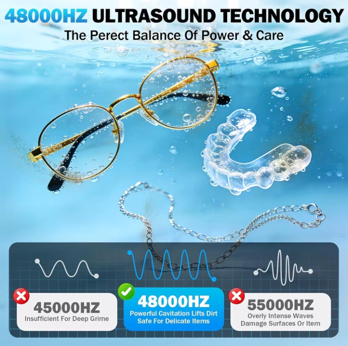 MQ Ultrasonic Jewelry Cleaner, 48KHz 400ML, UV Light & LED Display, 3 Cleaning Modes for Jewelry, Eyeglasses, Dentures, White