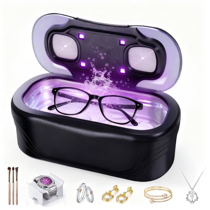 MQ Ultrasonic Jewelry Cleaner, 48KHz 400ML, UV Light & LED Display, 3 Cleaning Modes for Jewelry, Eyeglasses, Dentures, Black