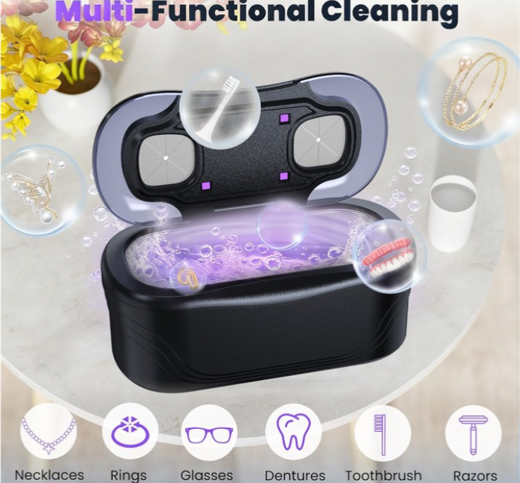 MQ Ultrasonic Jewelry Cleaner, 48KHz 400ML, UV Light & LED Display, 3 Cleaning Modes for Jewelry, Eyeglasses, Dentures, Black
