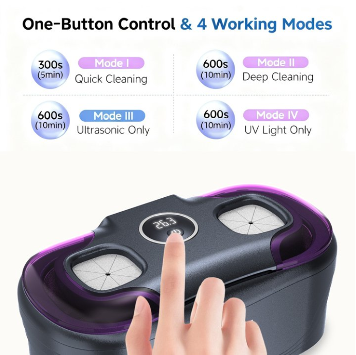 MQ Ultrasonic Jewelry Cleaner, 48KHz 400ML, UV Light & LED Display, 3 Cleaning Modes for Jewelry, Eyeglasses, Dentures, Black