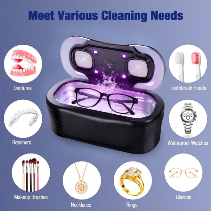 MQ Ultrasonic Jewelry Cleaner, 48KHz 400ML, UV Light & LED Display, 3 Cleaning Modes for Jewelry, Eyeglasses, Dentures, Black