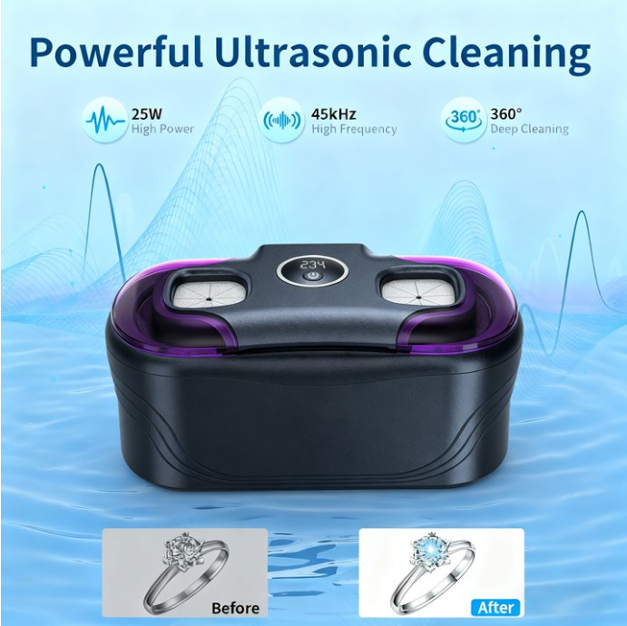 MQ Ultrasonic Jewelry Cleaner, 48KHz 400ML, UV Light & LED Display, 3 Cleaning Modes for Jewelry, Eyeglasses, Dentures, Black