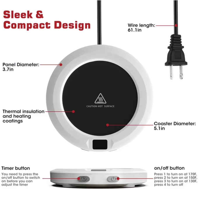 Coffee Mug Warmer for Desk -Auto Shut Off, 3 Heat Settings, Keep Your Coffee Warm for Office Hours, Perfect Coffee Lovers Gift Idea with 12-Hour-Timer, LED Light and Temperature Control (White)