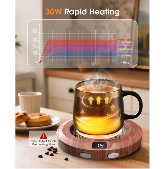 Coffee Mug Warmer for Desk -Auto Shut Off, 3 Heat Settings, Keep Your Coffee Warm for Office Hours, Perfect Coffee Lovers Gift Idea with 12-Hour-Timer, LED Light and Temperature Control (Wood)