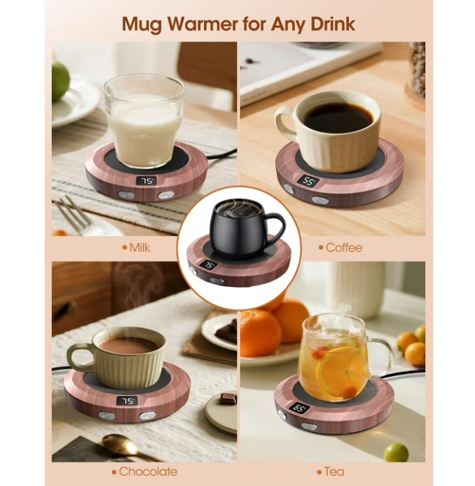 Coffee Mug Warmer for Desk -Auto Shut Off, 3 Heat Settings, Keep Your Coffee Warm for Office Hours, Perfect Coffee Lovers Gift Idea with 12-Hour-Timer, LED Light and Temperature Control (Wood)