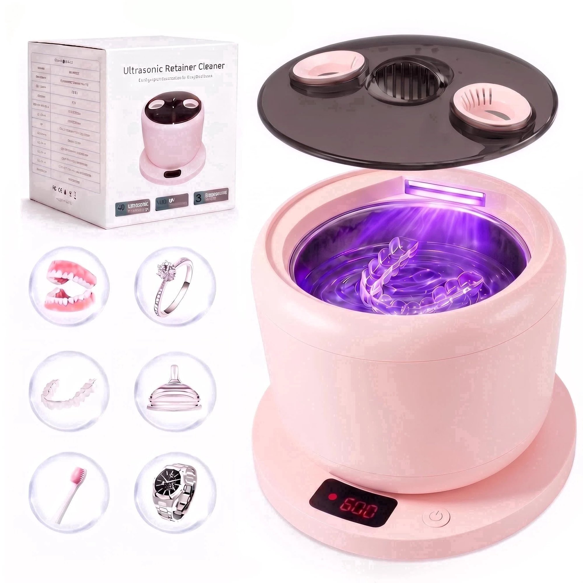 MQ Ultrasonic Retainer Cleaner,48kHz 200ML,3 Modes Removable Base Cover for Aligners Braces Mouth Guards Brush Heads Jewelry