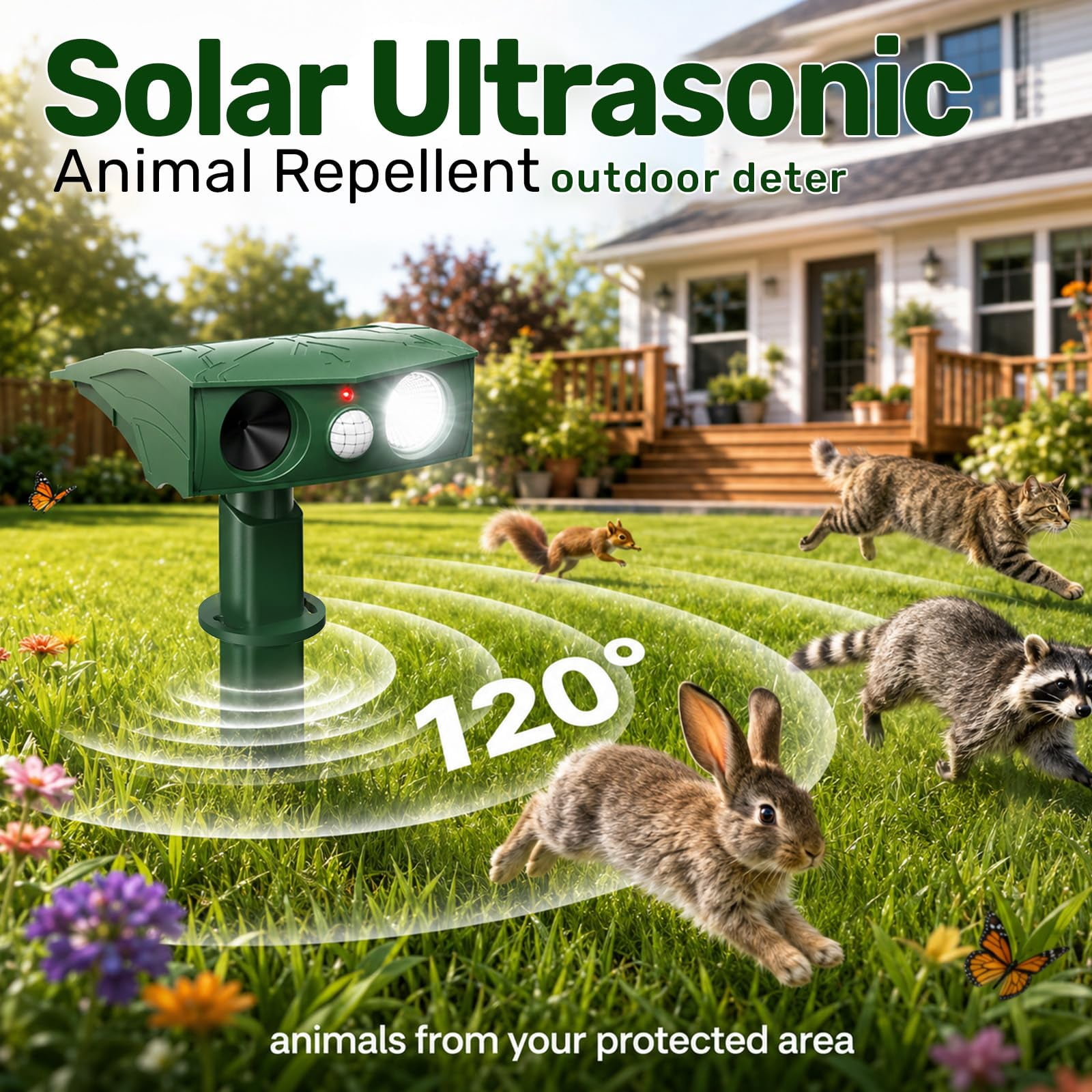 MQ 2 Pcs Upgraded Solar Ultrasonic Animal Repellent, IP66 Waterproof PIR Sensor & USB Charging Outdoor Wildlife Deterrent for Cats Foxes Badgers