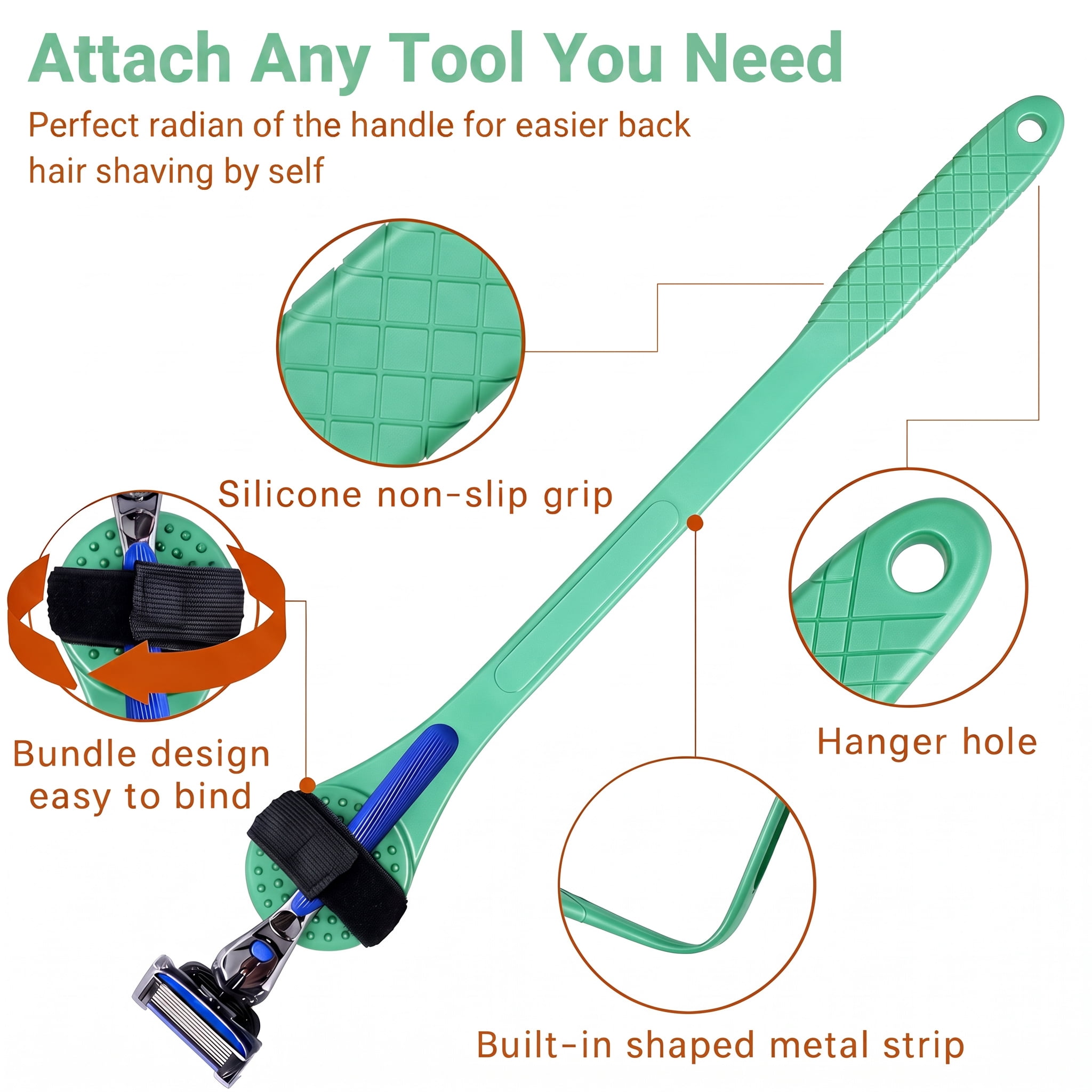 MQ 18" Bendable Back Shaving Extension Handle, 2 Elastic Straps Multi‑Purpose Long Reach Razor Holder for Back Leg Shaving, Lotion & Body Brushing