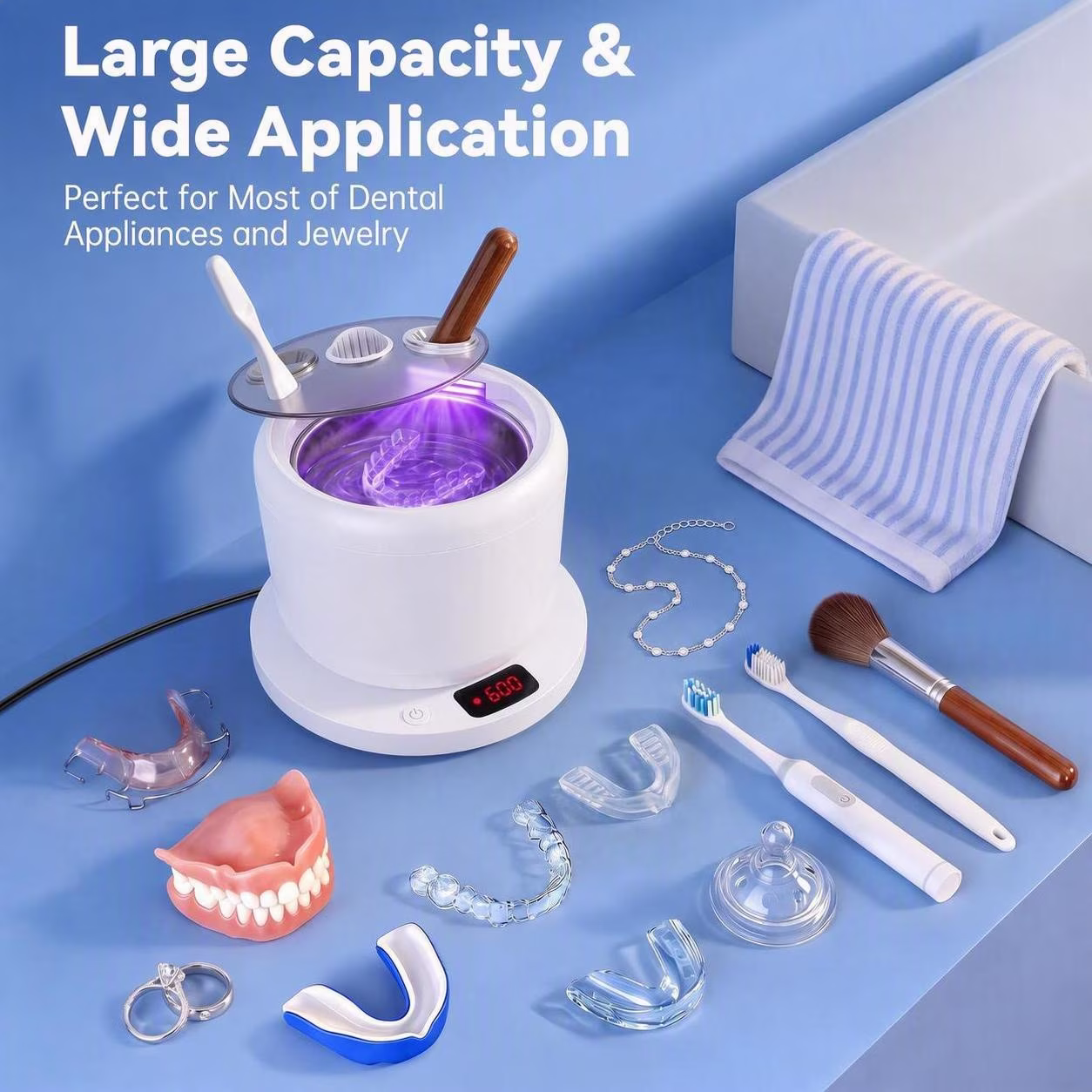 MQ Ultrasonic Retainer Cleaner, 48kHz 200ML, ABS & Stainless Steel, White, 3 Modes Removable Base for Adult Aligners, Braces, Mouth Guards & Jewelry
