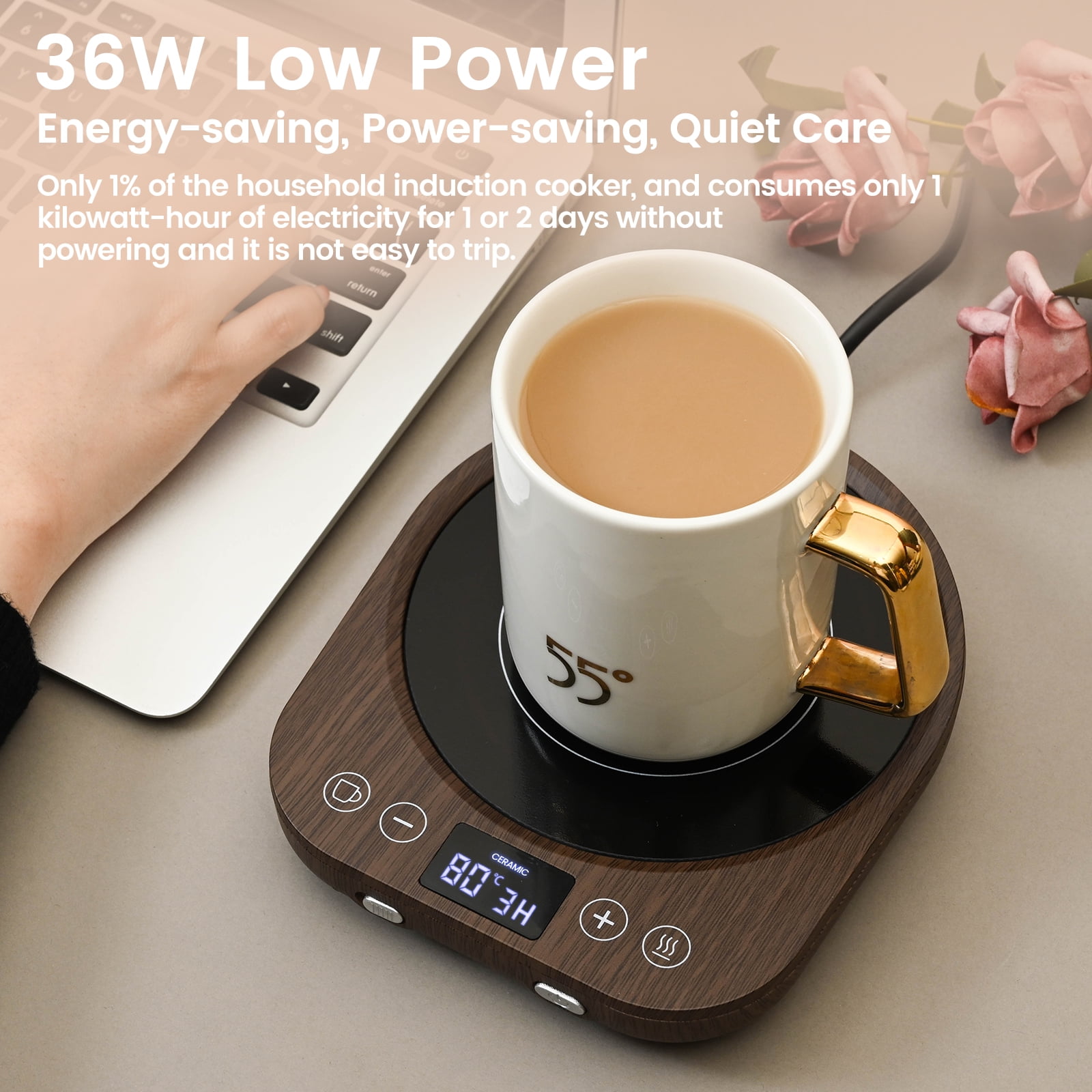 MQ Wooden Mug Warmer Electric, 3 Temperature Settings Gravity-Induction Coffee Warmer for Desk, Coffee Cup Warmer 1-9 Timer Auto Shut Off for Home & Office Cocoa,Tea, Water, Milk