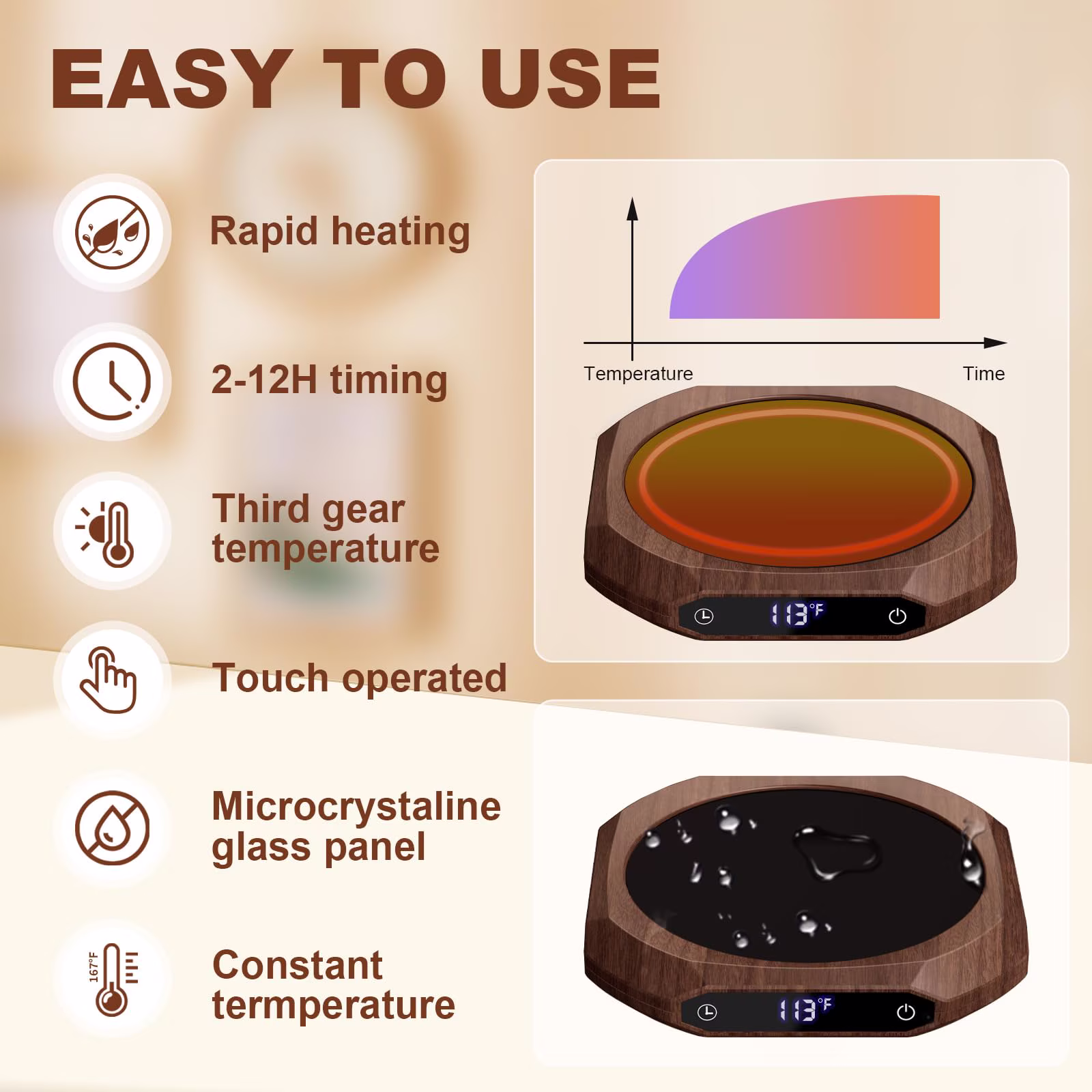 Wooden Mug Warmer, Coffee Warmer for Desk with 3 Temperature Settings (113°F/131°F/167°F), Cup Warmer for Tea, Milk with 1-12H Auto-off, Coffee, Tea and Milk Warmer for Office Home Desk Use