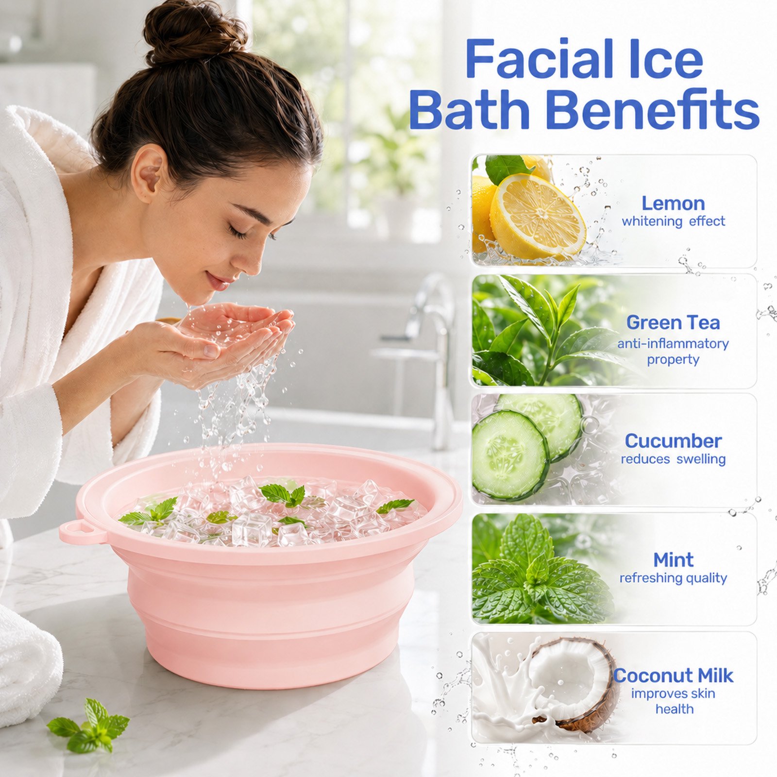 MQ 2Pack Silicone Face Bowl for Ice with Built-In Icetray, Collapsible Ice Bowl for Face Bath at Home