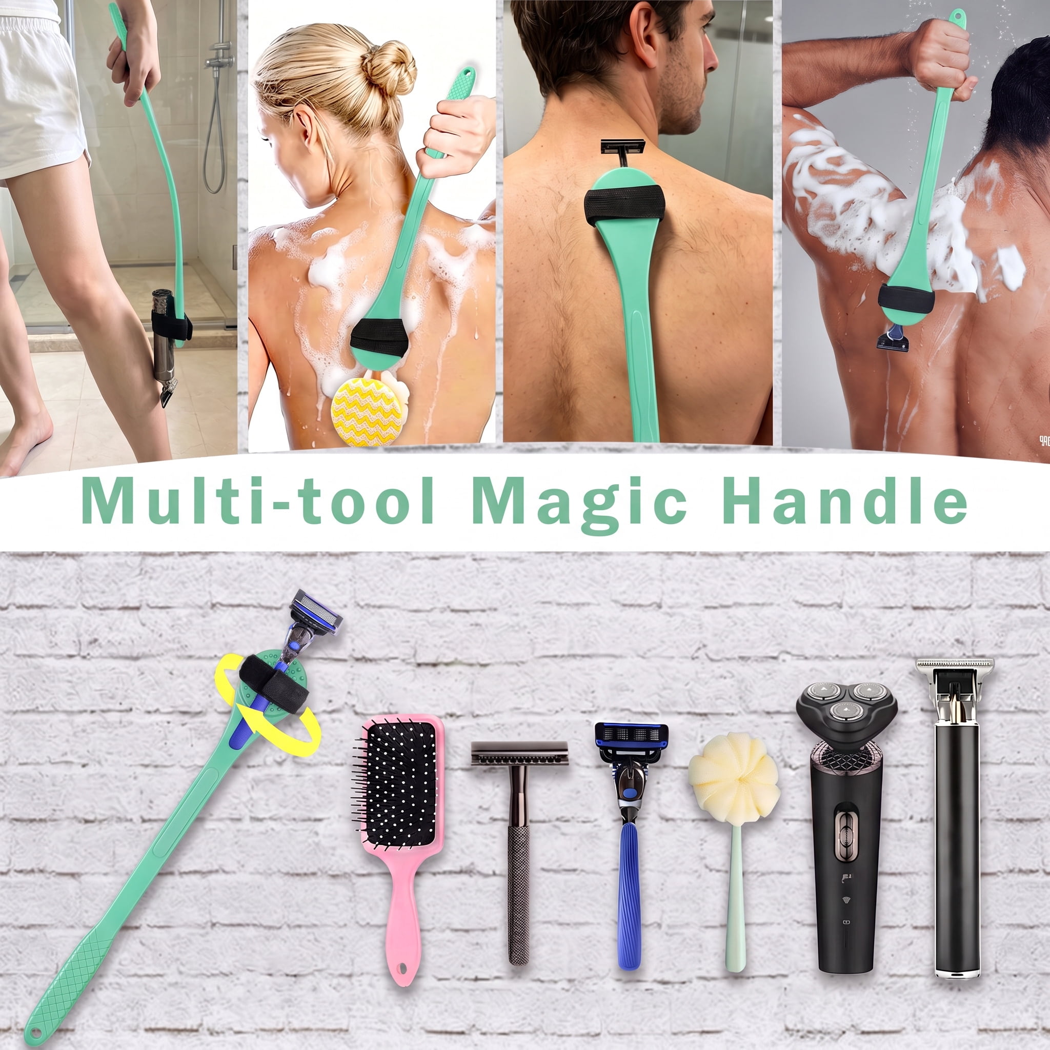 MQ 18" Bendable Back Shaving Extension Handle, 2 Elastic Straps Multi‑Purpose Long Reach Razor Holder for Back Leg Shaving, Lotion & Body Brushing