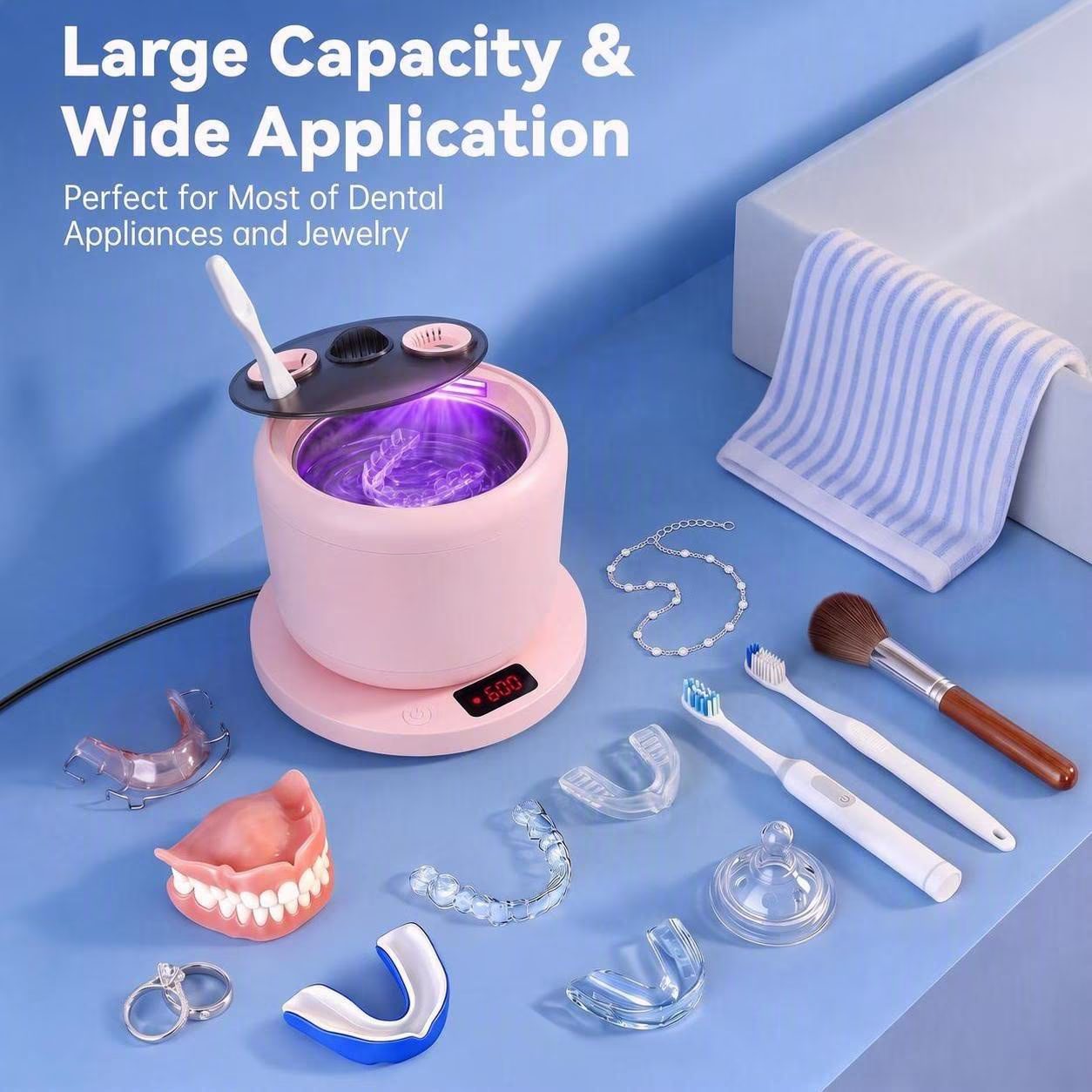 MQ Ultrasonic Retainer Cleaner,48kHz 200ML,3 Modes Removable Base Cover for Aligners Braces Mouth Guards Brush Heads Jewelry