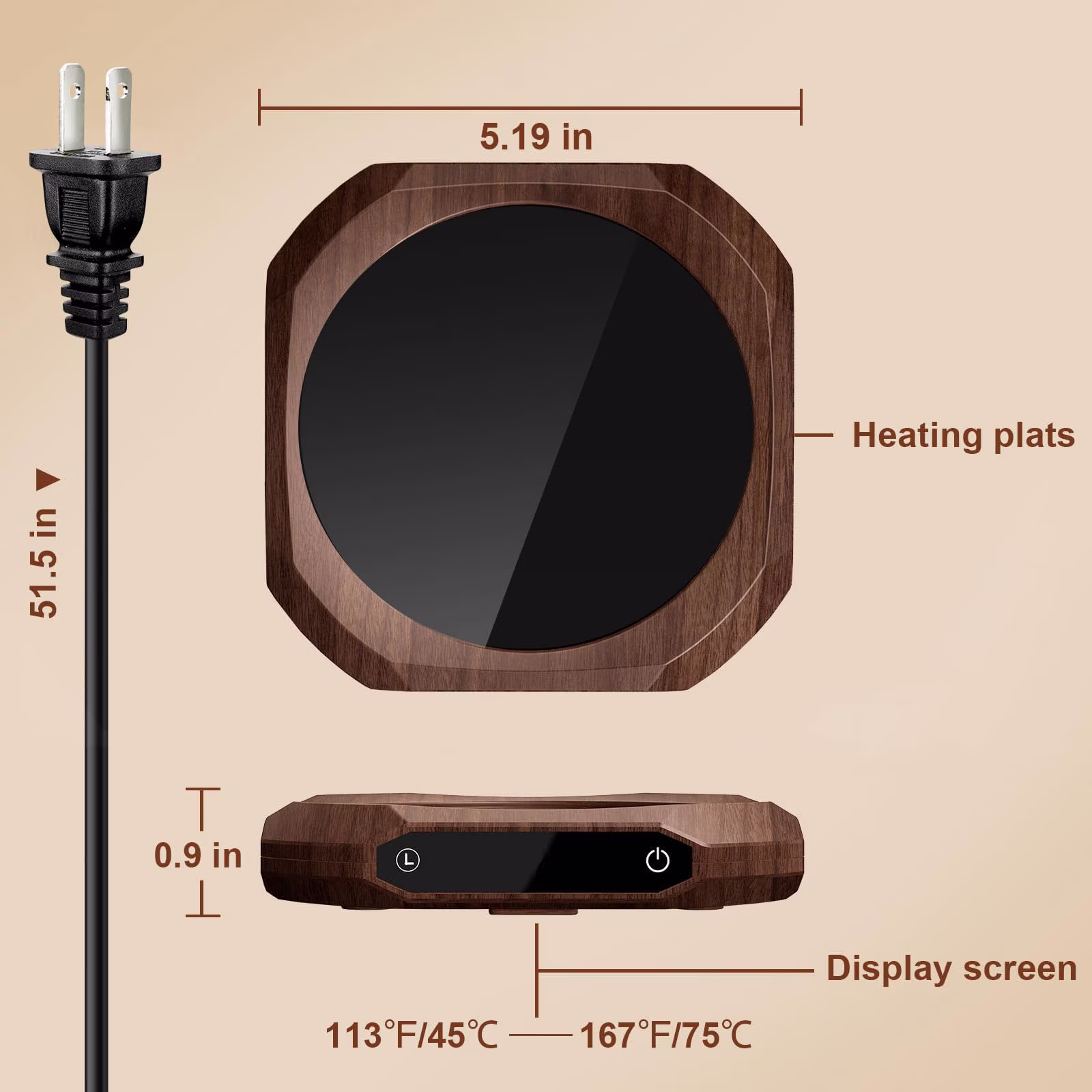 Wooden Mug Warmer, Coffee Warmer for Desk with 3 Temperature Settings (113°F/131°F/167°F), Cup Warmer for Tea, Milk with 1-12H Auto-off, Coffee, Tea and Milk Warmer for Office Home Desk Use