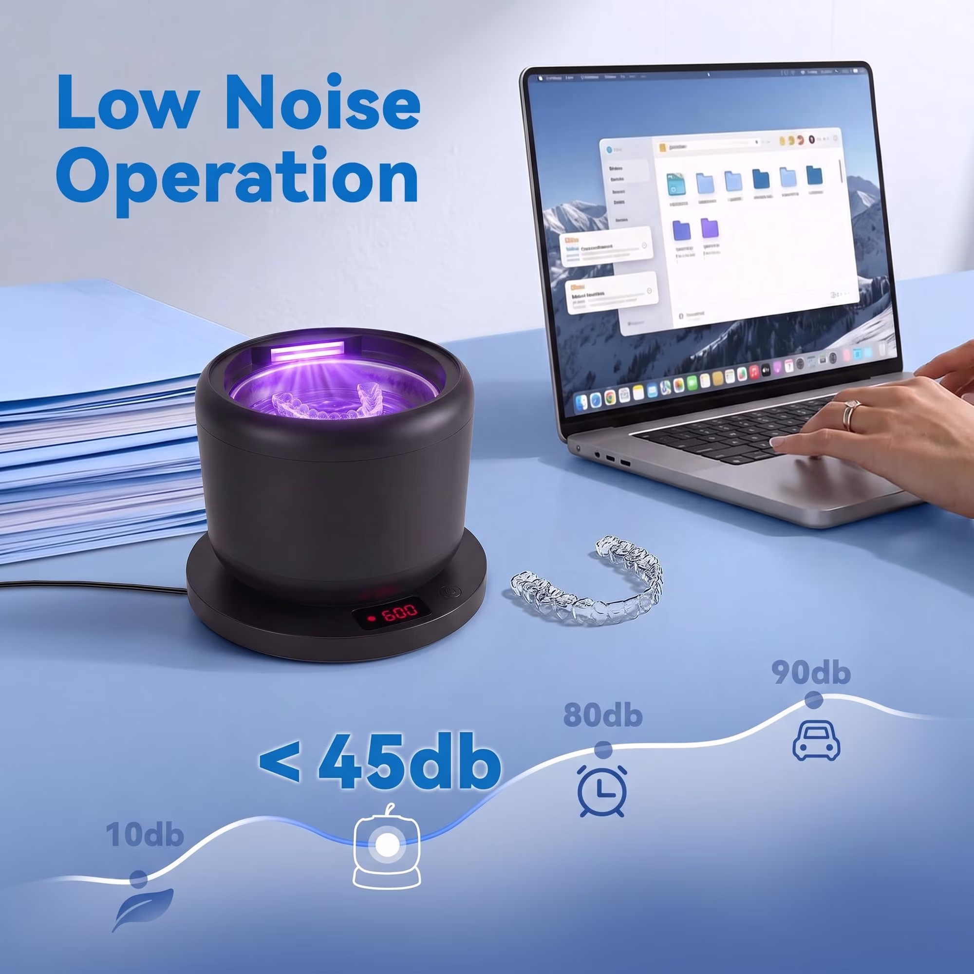 MQ Ultrasonic Retainer Cleaner,48kHz 200ML,3 Modes Removable Base Cover for Aligners Braces Mouth Guards Brush Heads Jewelry