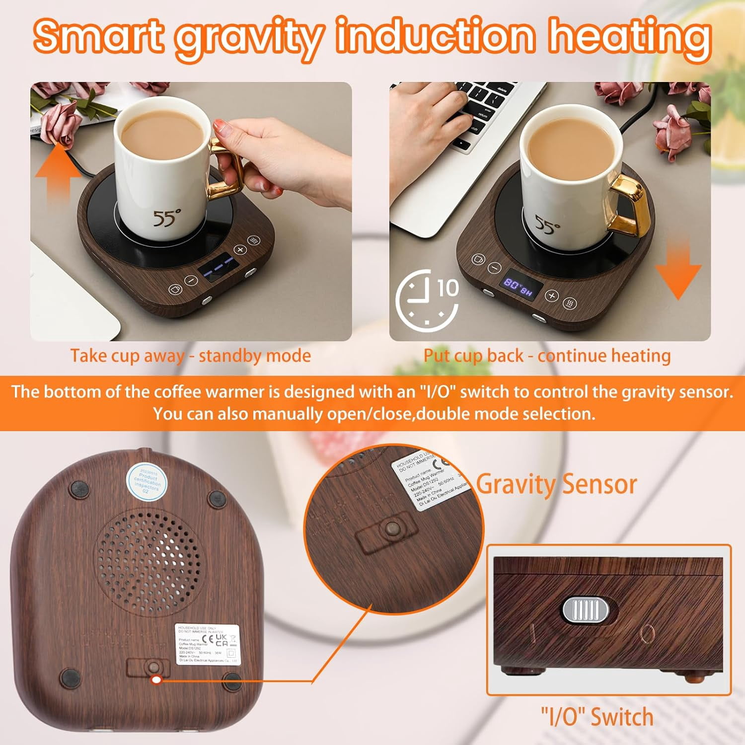 MQ Wooden Mug Warmer Electric, 3 Temperature Settings Gravity-Induction Coffee Warmer for Desk, Coffee Cup Warmer 1-9 Timer Auto Shut Off for Home & Office Cocoa,Tea, Water, Milk