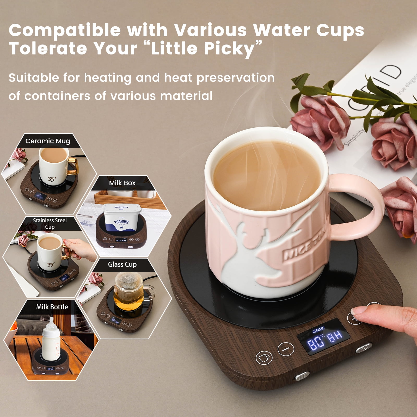 MQ Wooden Mug Warmer Electric, 3 Temperature Settings Gravity-Induction Coffee Warmer for Desk, Coffee Cup Warmer 1-9 Timer Auto Shut Off for Home & Office Cocoa,Tea, Water, Milk