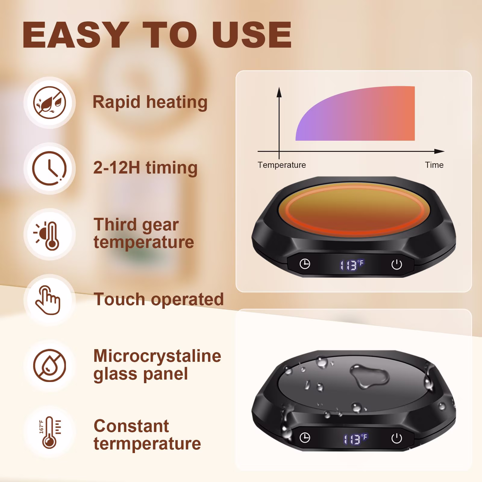 Black Mug Warmer, Coffee Warmer for Desk with 3 Temperature Settings (113°F/131°F/167°F), Cup Warmer for Tea, Milk with 1-12H Auto-off, Coffee, Tea and Milk Warmer for Office Home Desk Use