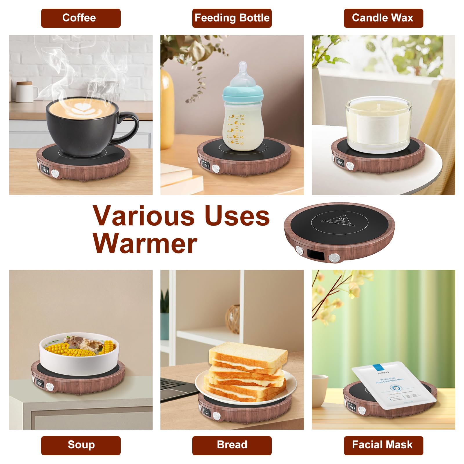 Woodgrain Mug Warmer, Coffee Warmer for Desk with 3 Temperature Settings (130°F/150°F/176°F), Cup Warmer for Tea Milk with 4H Auto-off, Coffee, Tea and Milk Warmer for Office Home Desk Use