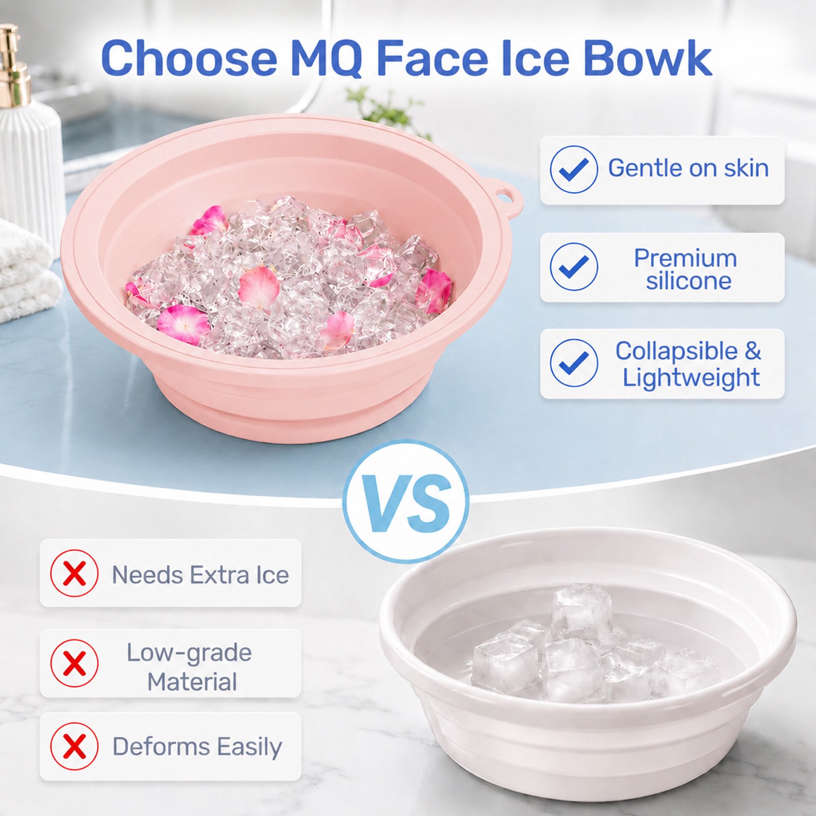 MQ 2Pack Silicone Face Bowl for Ice with Built-In Icetray, Collapsible Ice Bowl for Face Bath at Home