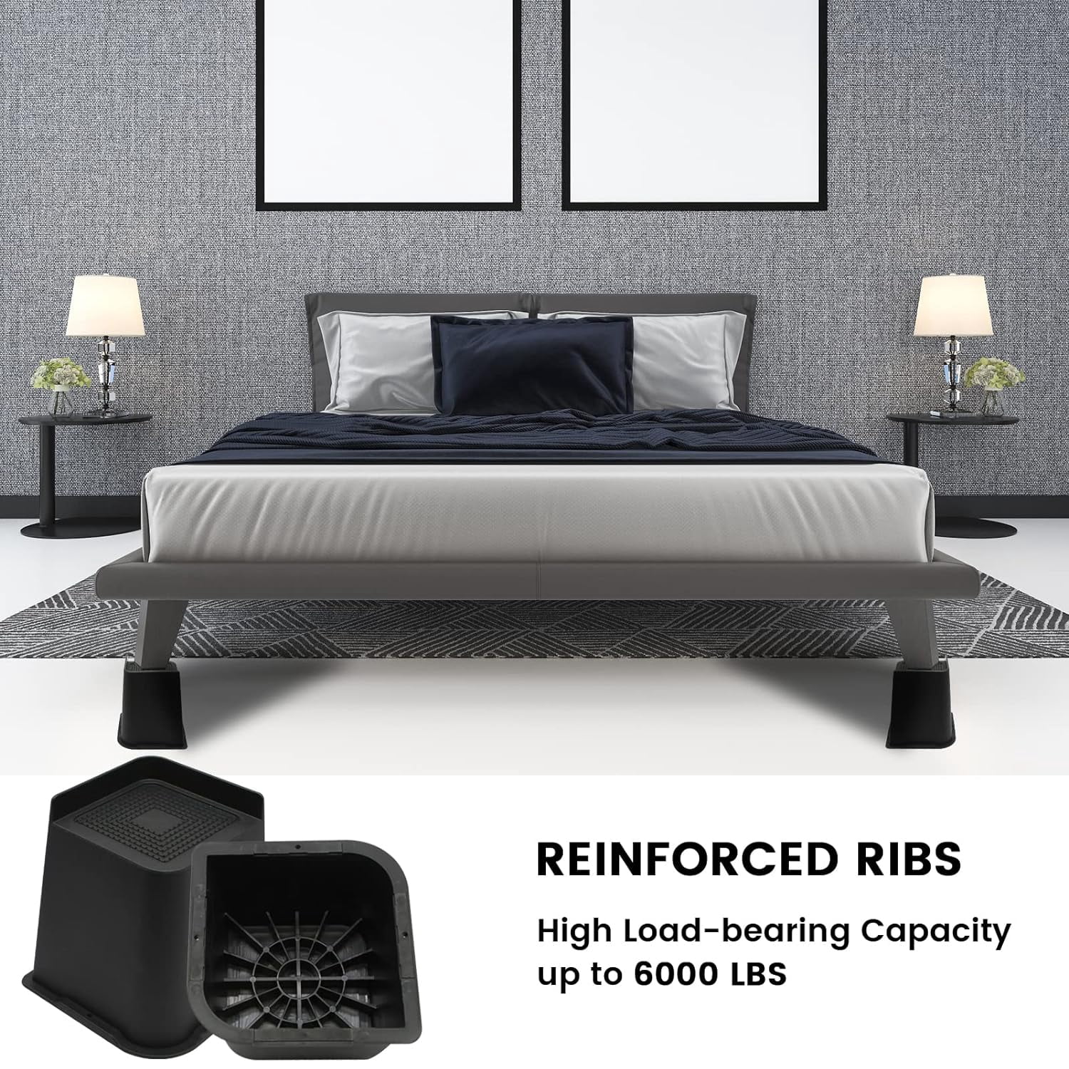 MQ Bed Risers 6 Inch 4 Pack Black Support 7000LBs, Oversized Furniture Risers for Dorm Beds Frame, Sofa, Desk, Couch, Chairs Legs