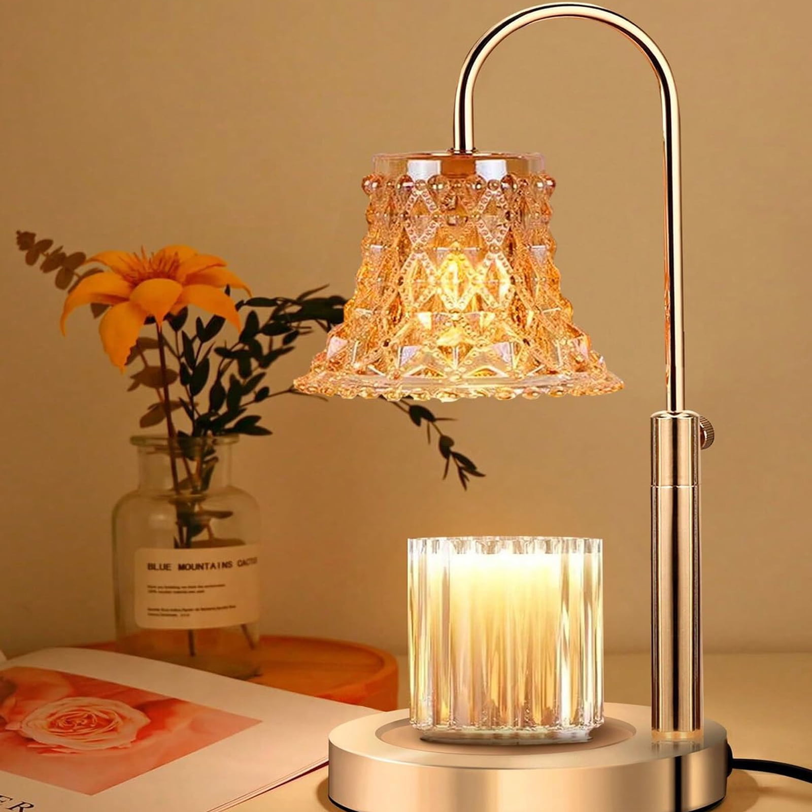 Candle Warmer Lamp, Adjustable Height Candle Lamp Warmer with Timer, Electric Dimmable Wax Melt Warmer with Flower Shaped and Stable Metal Base for Bedroom Home Decor